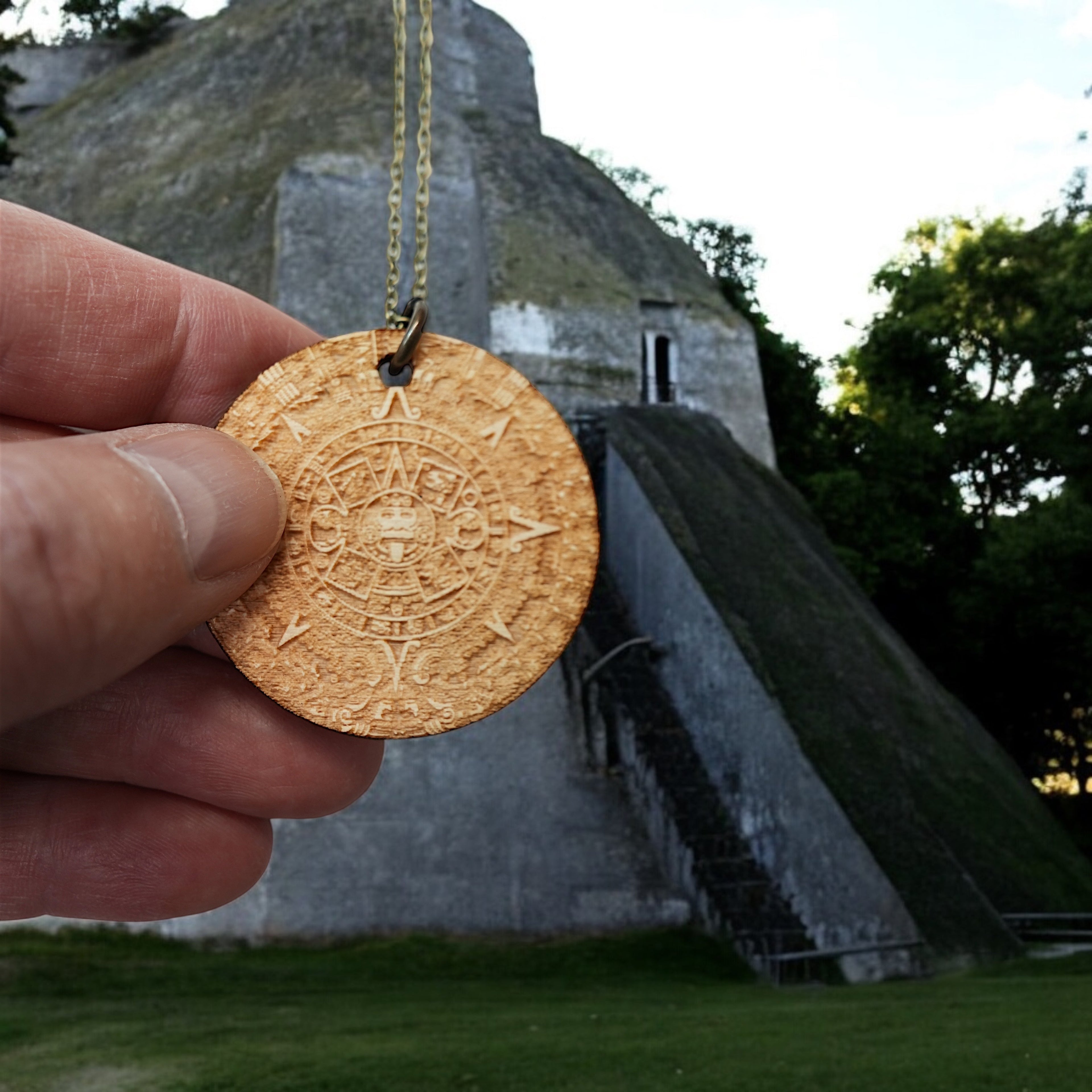 Necklace - Mayan Calendar with Bronze, Silver, or Gold chain - Birch Wood