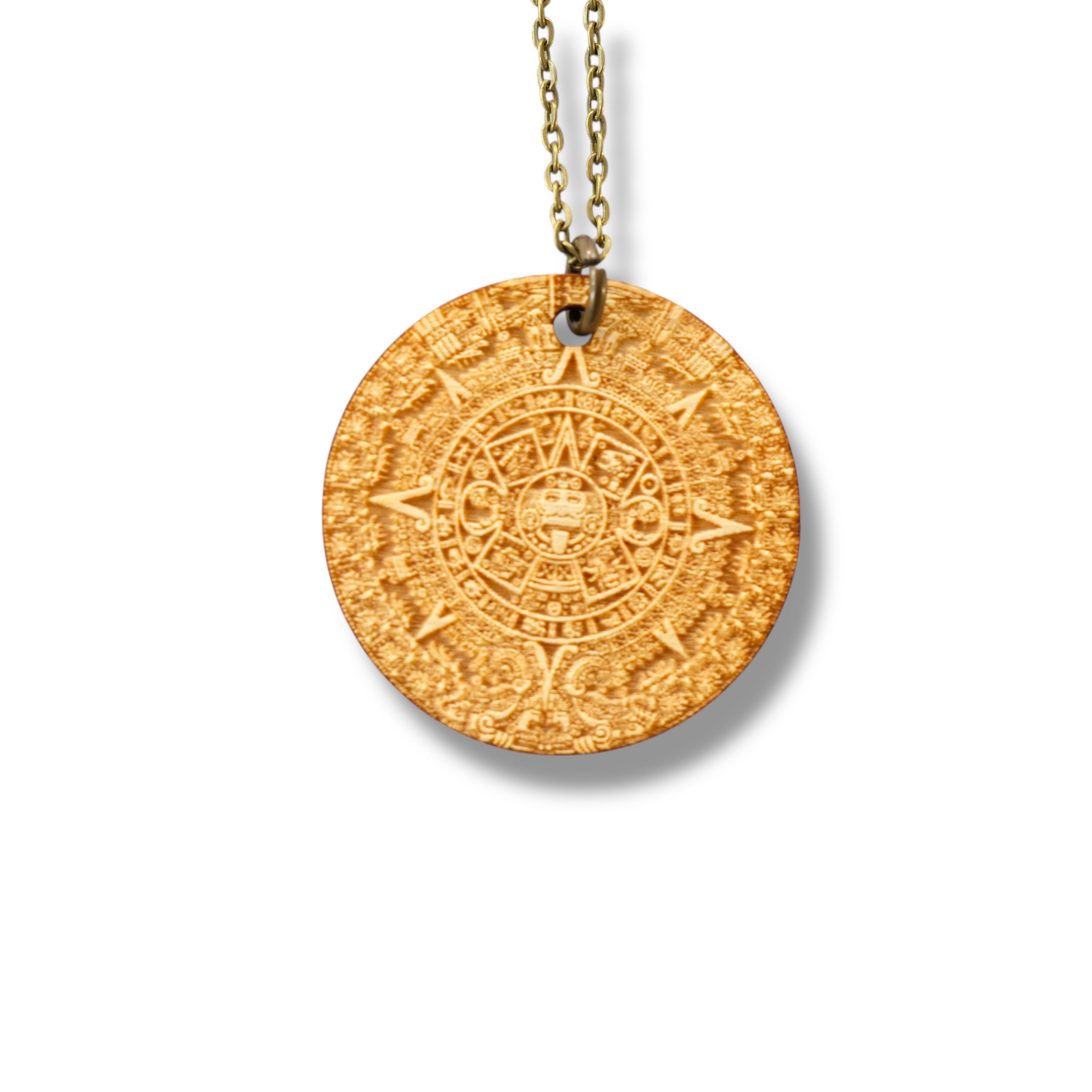 Necklace - Mayan Calendar with Bronze, Silver, or Gold chain - Birch Wood