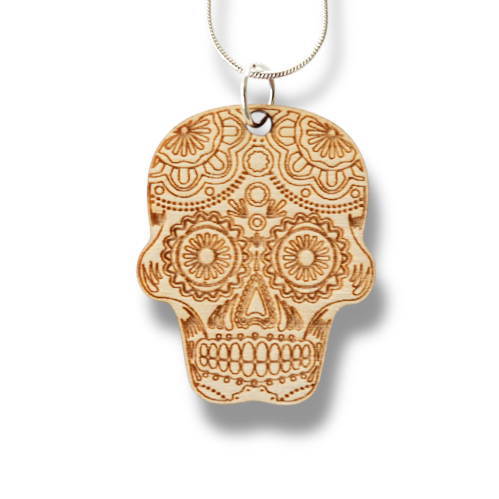 Necklace - Sugar Skull - Snake and Cable Link chains - Birch wood