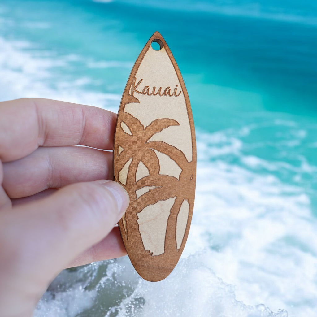 Ornament - Kauai Palm Tree Surfboard - Raw Wood Maple