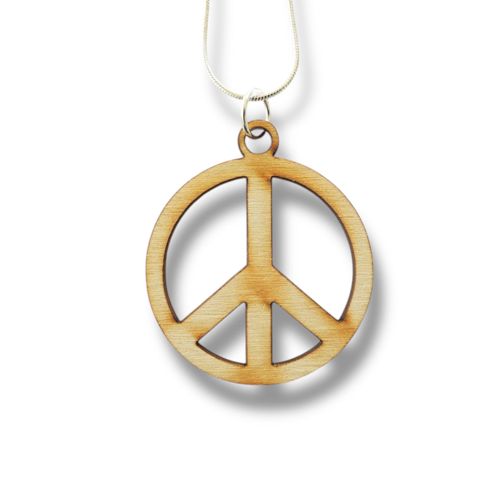 Necklace - Peace Symbol - Snake and Cable Link chains - Birch wood