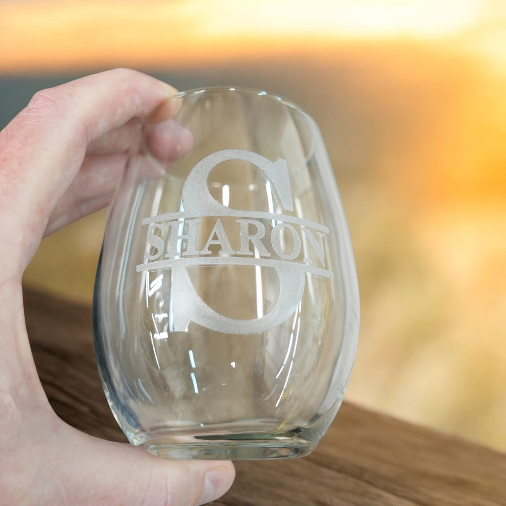 15oz PERSONALIZED Set - Stemless Wine Glass + Coaster - Split letter monogram