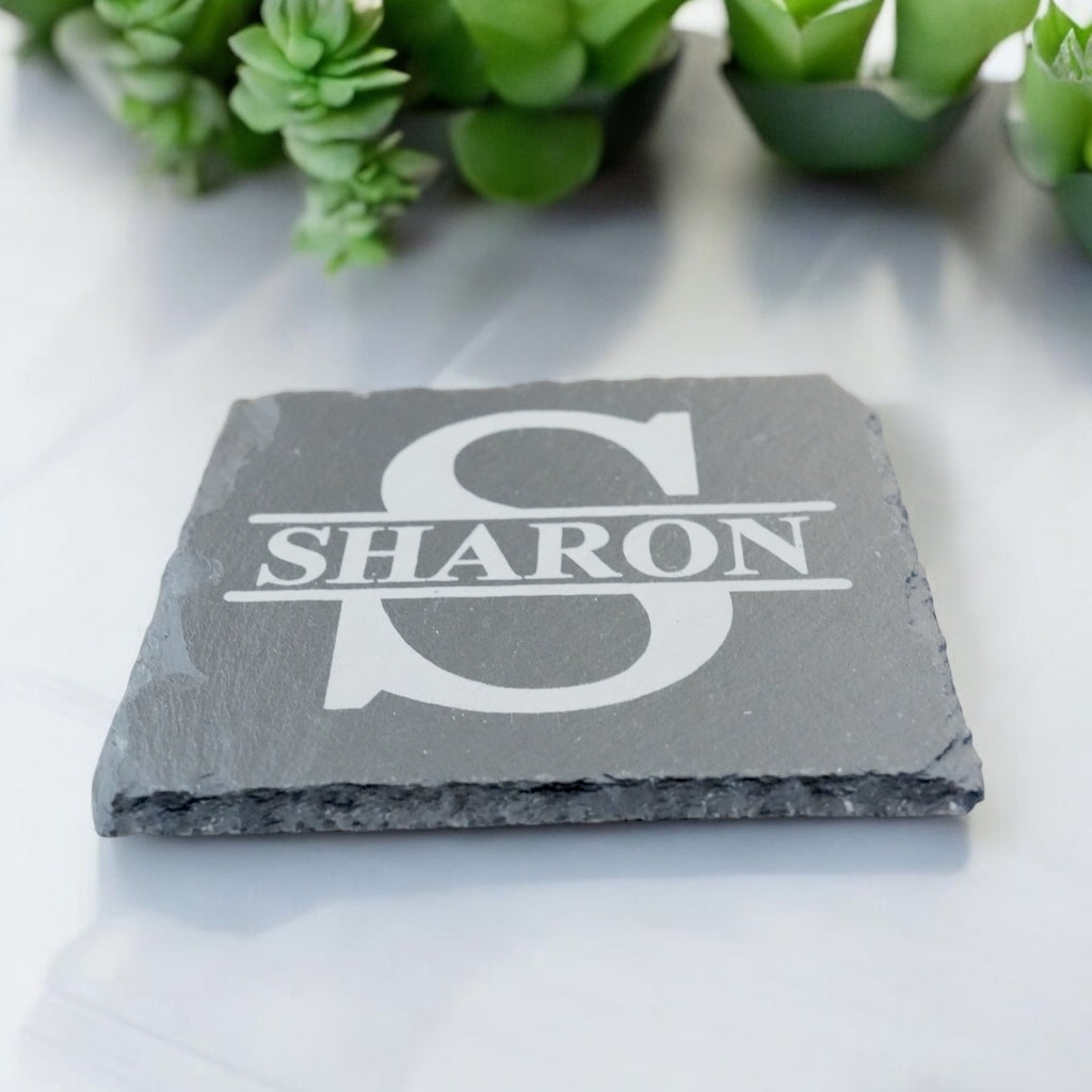 15oz PERSONALIZED Set - Stemless Wine Glass + Coaster - Split letter monogram
