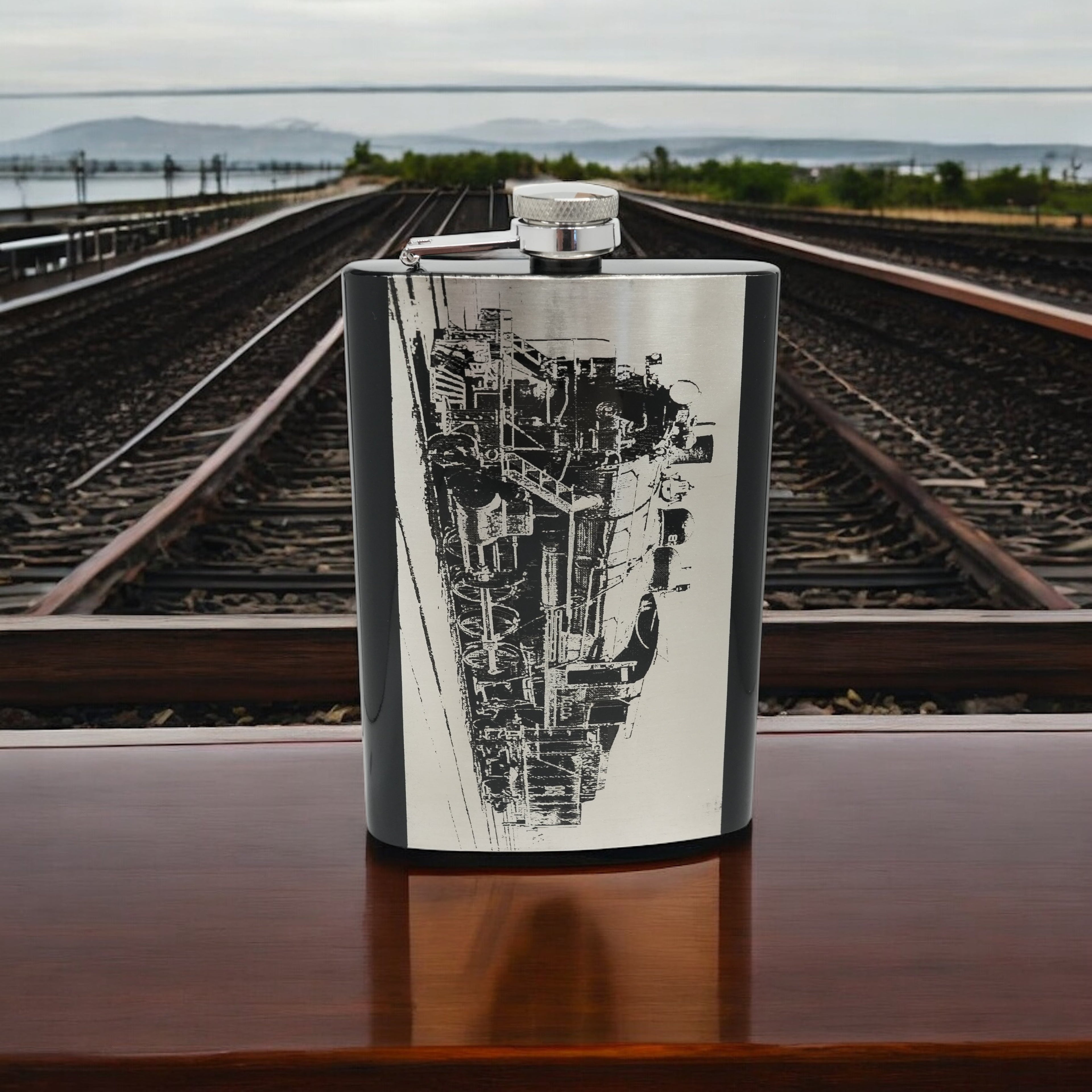 8oz BLACK Steam Locomotive Flask Train Novelty