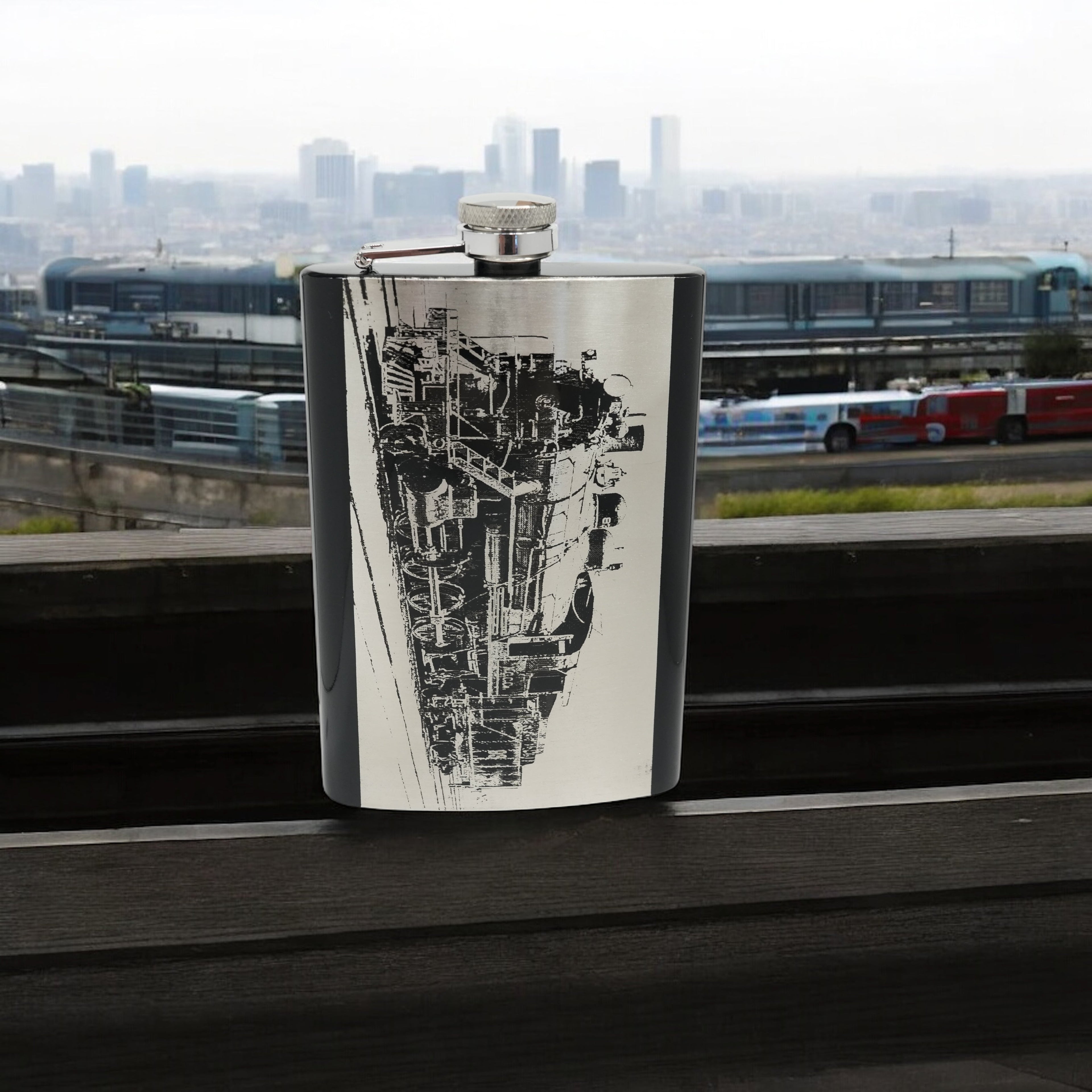 8oz BLACK Steam Locomotive Flask Train Novelty