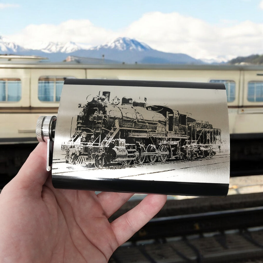 8oz BLACK Steam Locomotive Flask Train Novelty