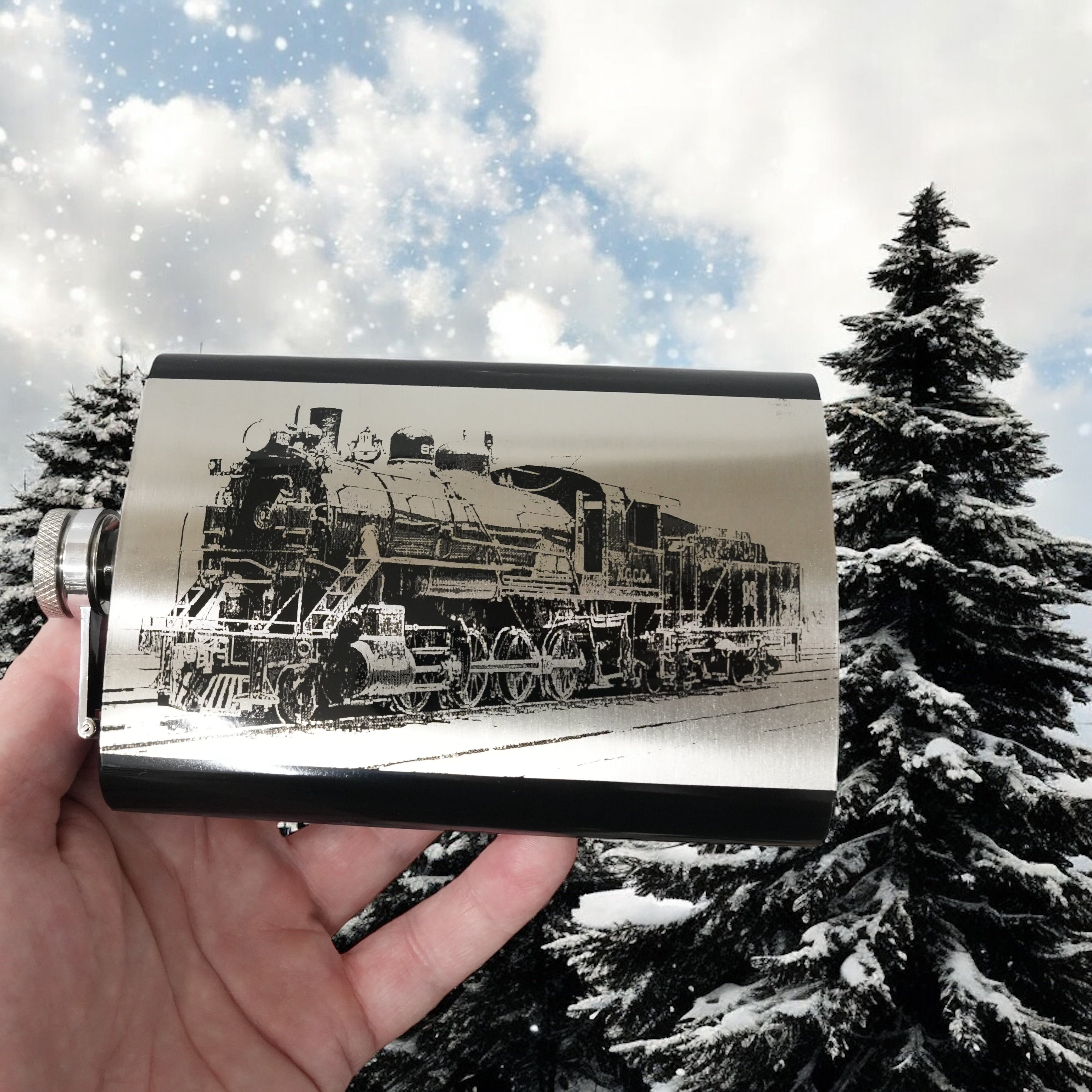8oz BLACK Steam Locomotive Flask Train Novelty