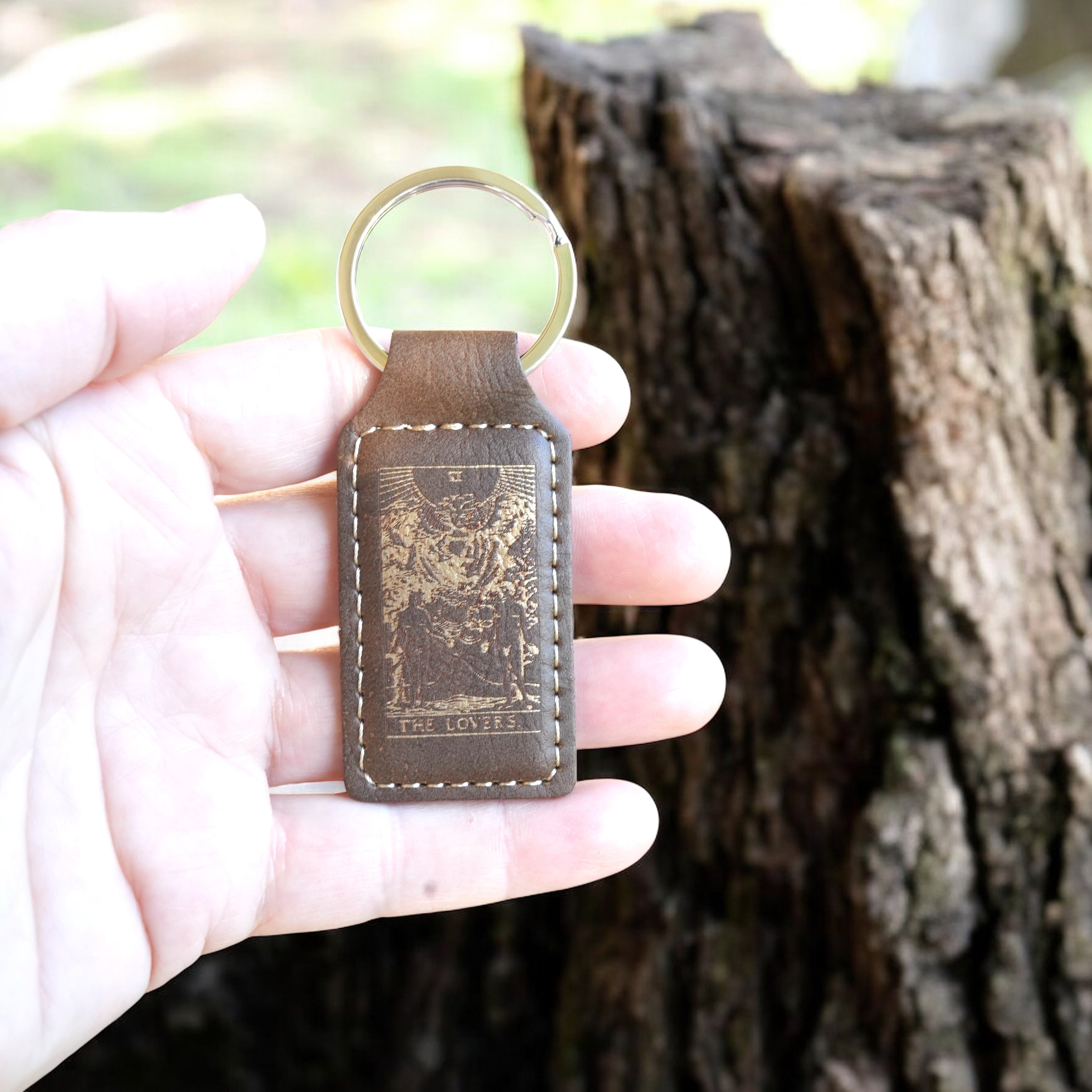 Keychain - Rectangle - The Lovers Tarot Card - Leather