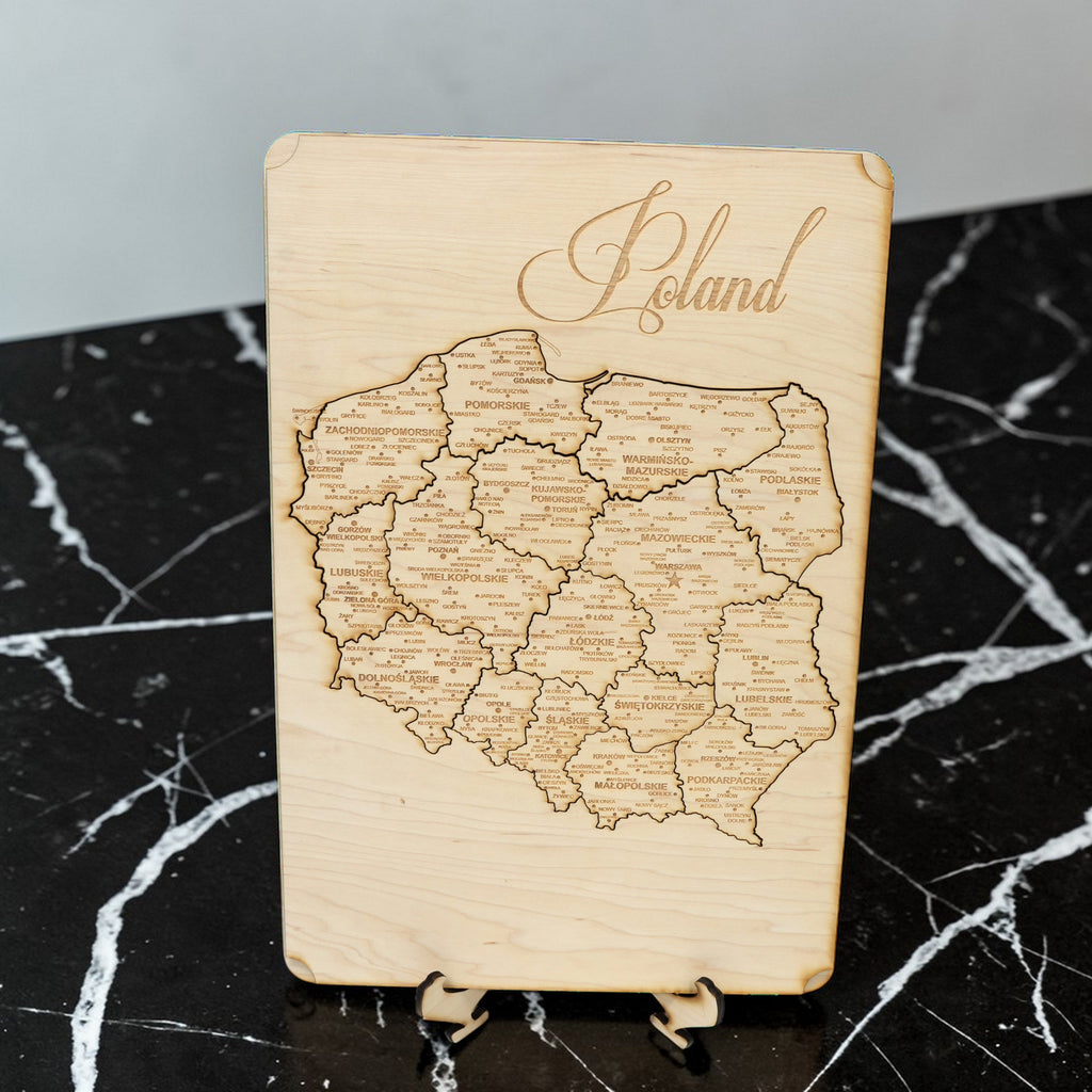 Poland Puzzle Map - Art Kit - Raw Wood 12x18 Inches - 17 Pieces - With Stand