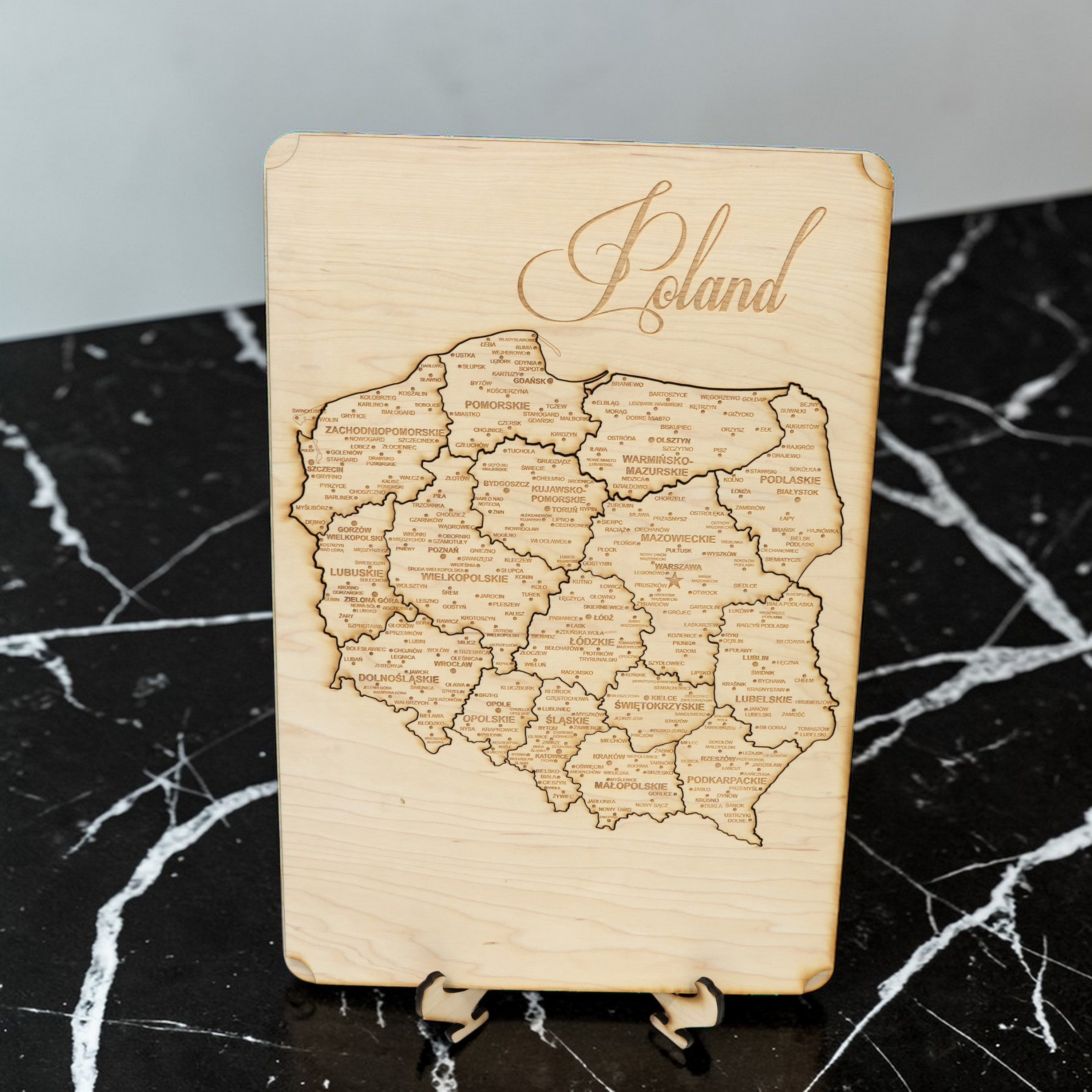 Poland Puzzle Map - Art Kit - Raw Wood 12x18 Inches - 17 Pieces - With Stand
