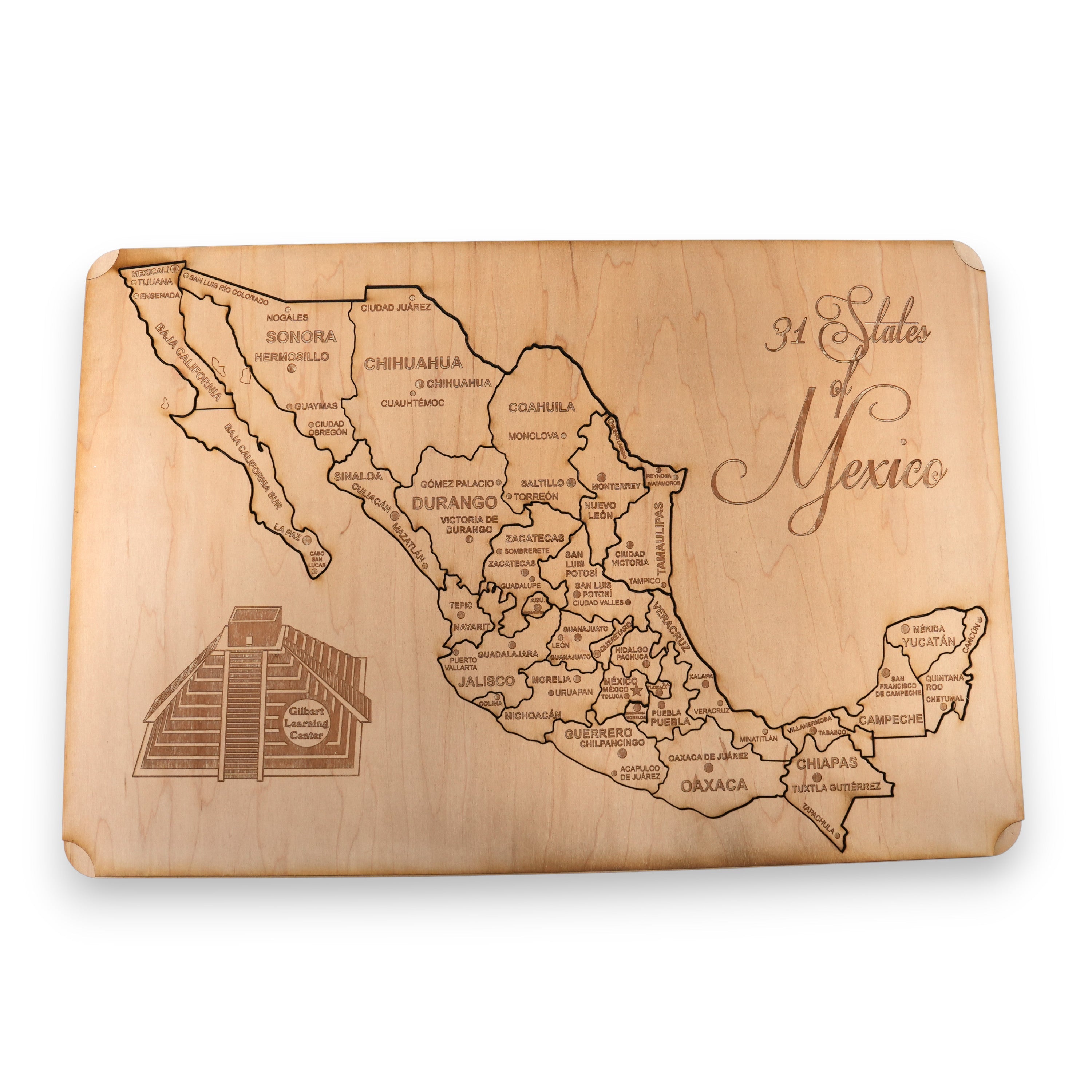 31 States of Mexico With Pyramid - PERSONALIZED - Puzzle Map - Art Kit - Raw Wood 18x12 Inches - 32 pieces