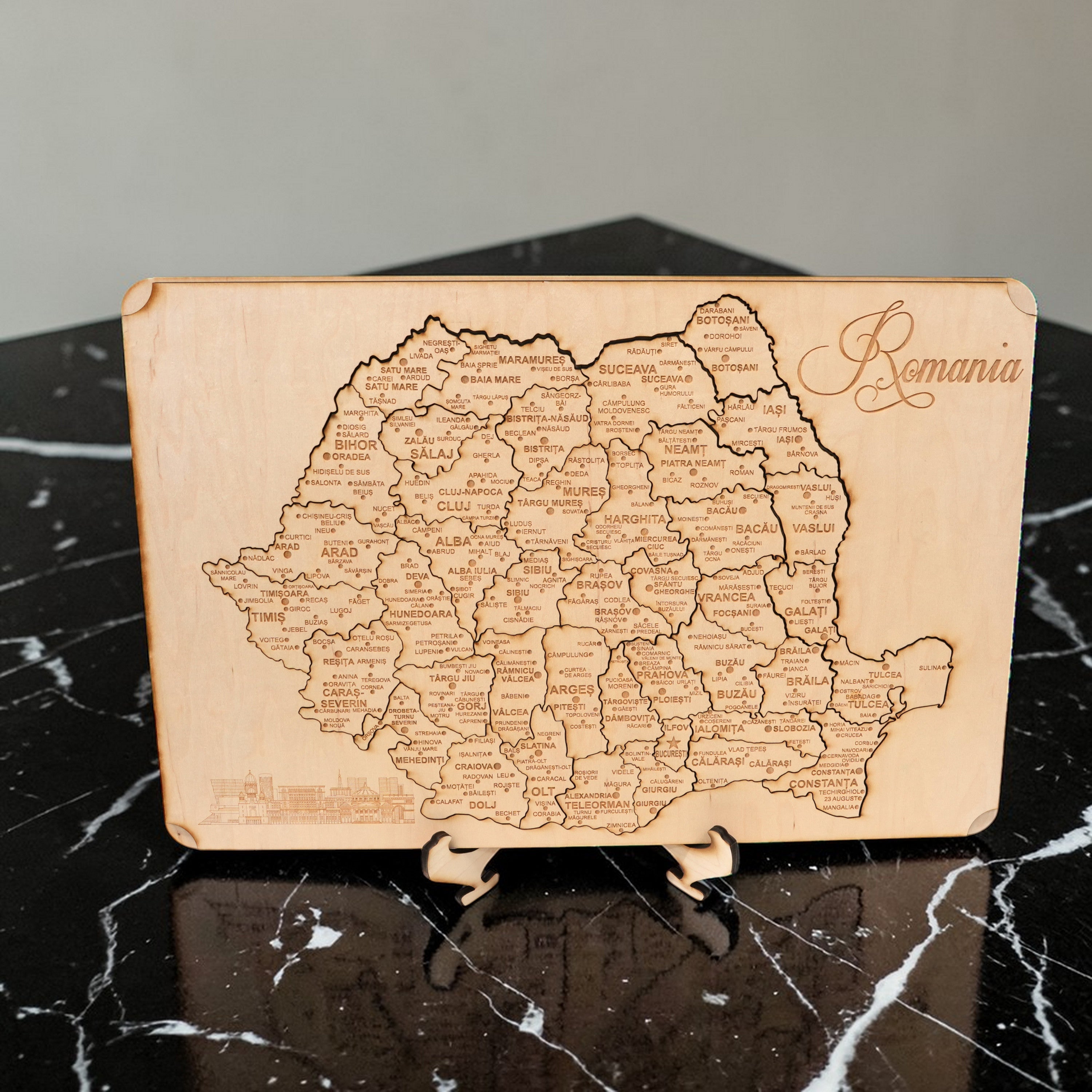 Romania Puzzle Map - Art Kit - Raw Wood 12x18 Inches - 42 Pieces - With Stand