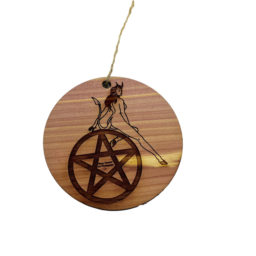 Sexy Demon on Pentagram - Cedar Ornament