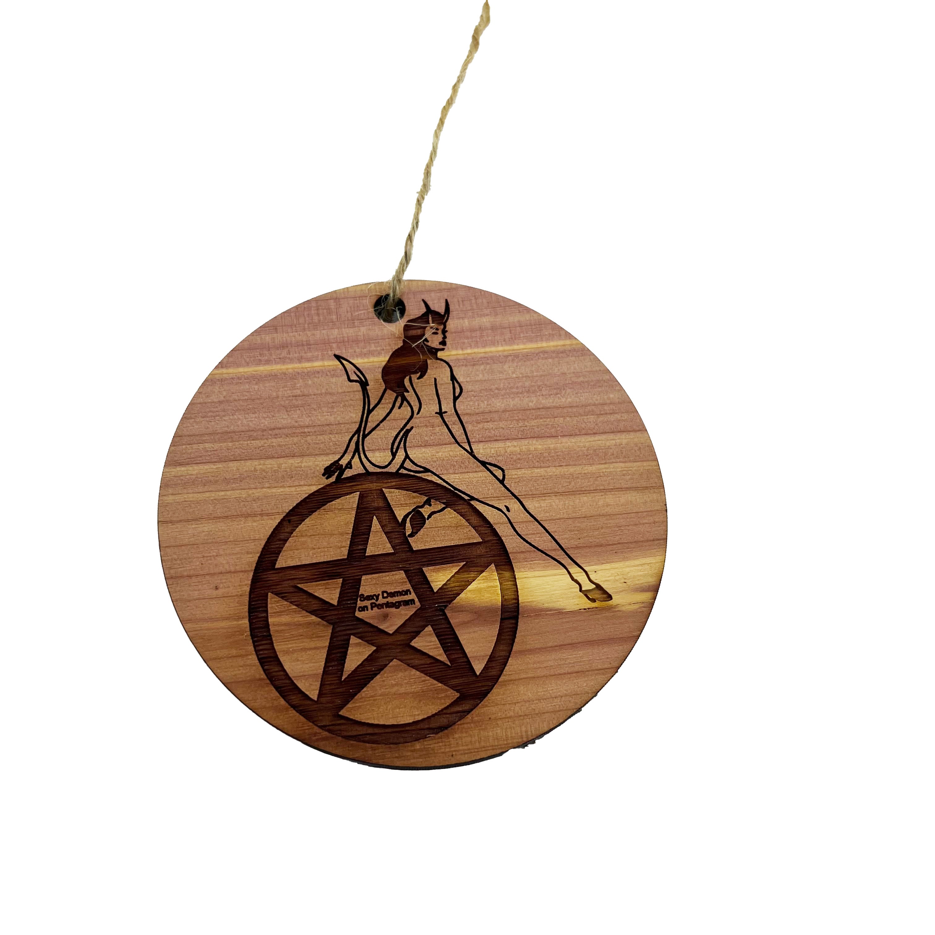 Sexy Demon on Pentagram - Cedar Ornament