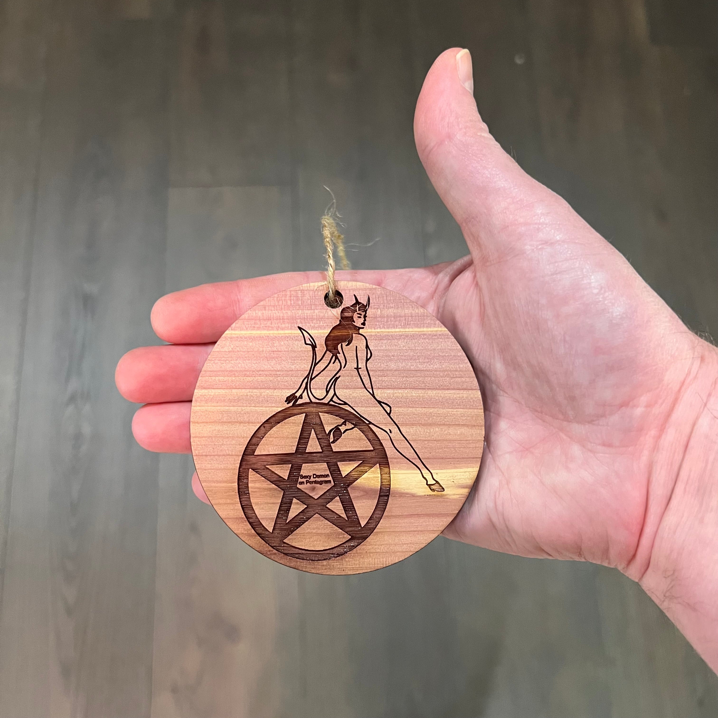 Sexy Demon on Pentagram - Cedar Ornament