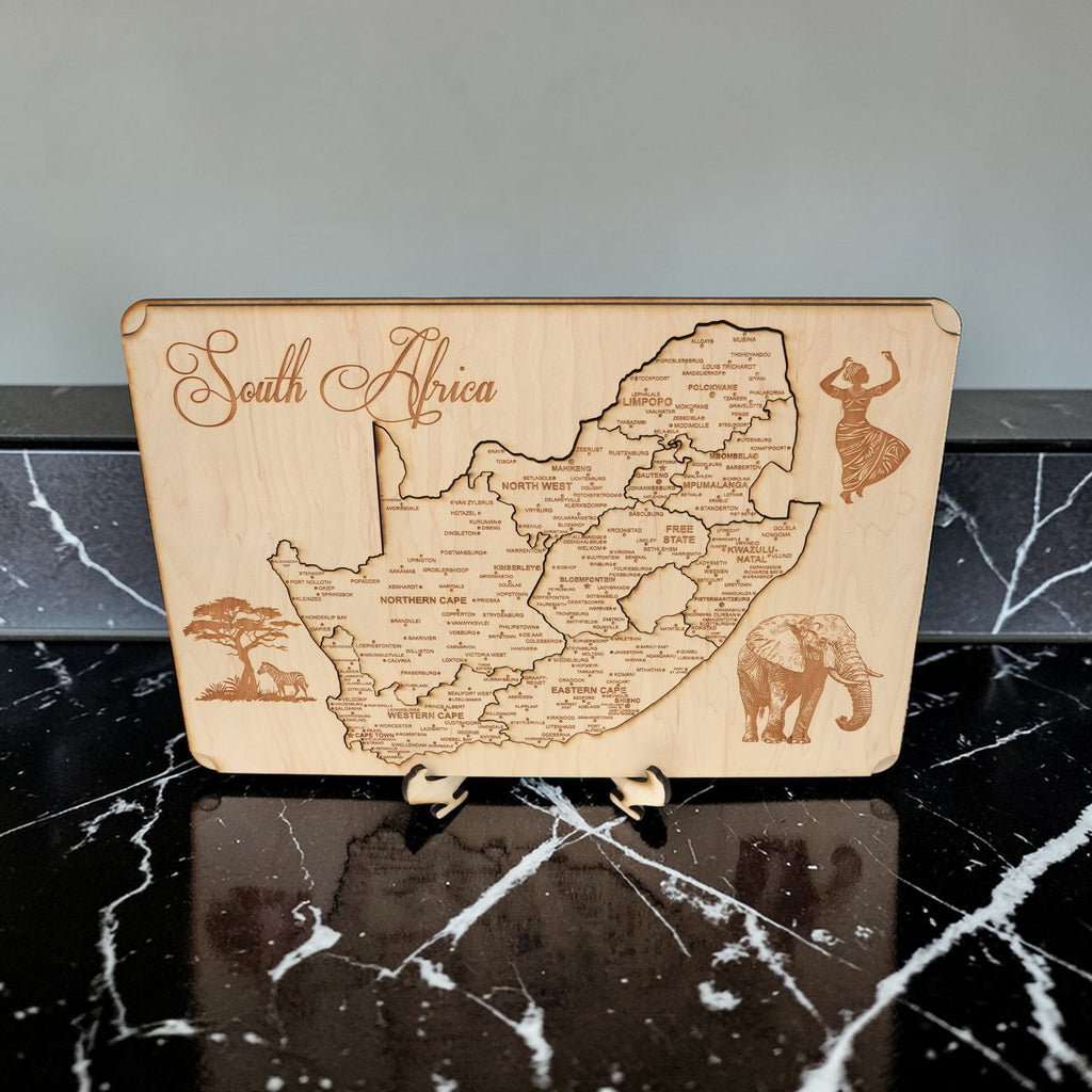 South Africa Puzzle Map - Art Kit - Raw Wood 12x18 Inches - 11 Pieces - With Stand