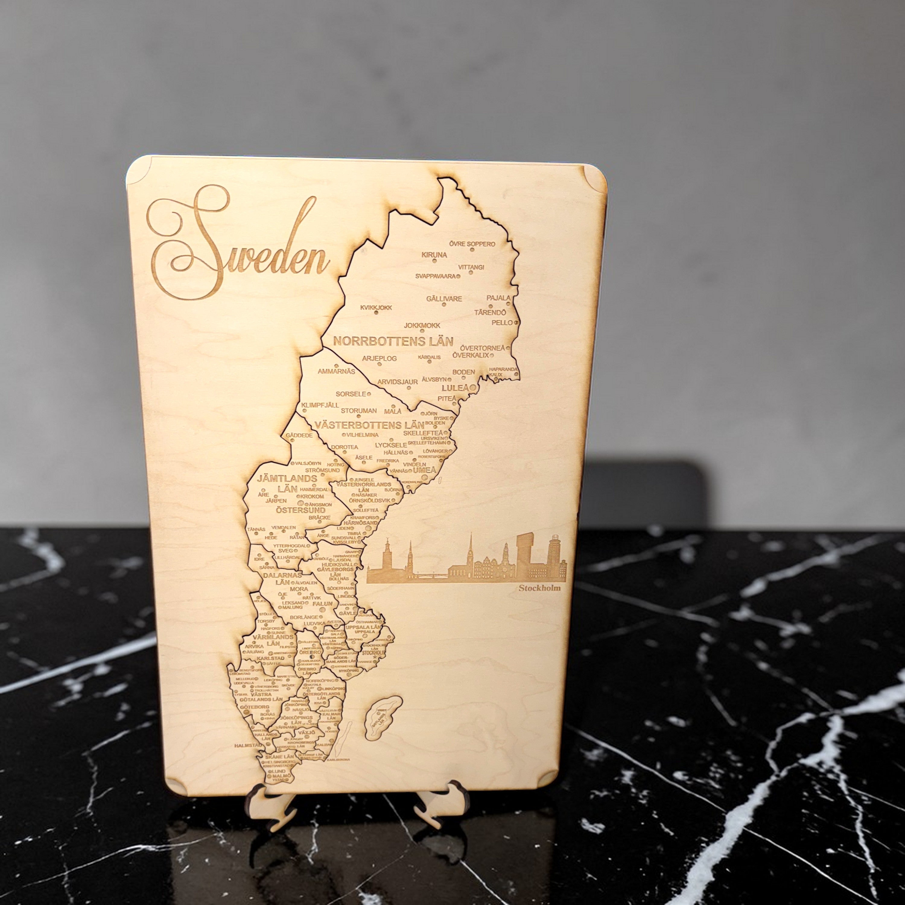 Sweden Puzzle Map - Art Kit - Raw Wood 12x18 Inches - 22 Pieces - With Stand