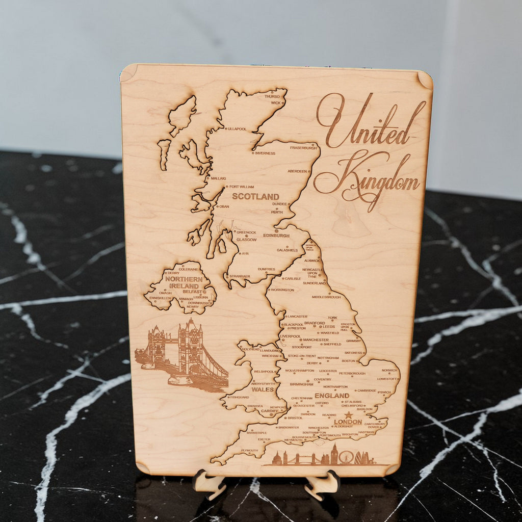 United Kingdom Puzzle Map - Art Kit - Raw Wood 12x18 Inches - 12 Pieces - With Stand