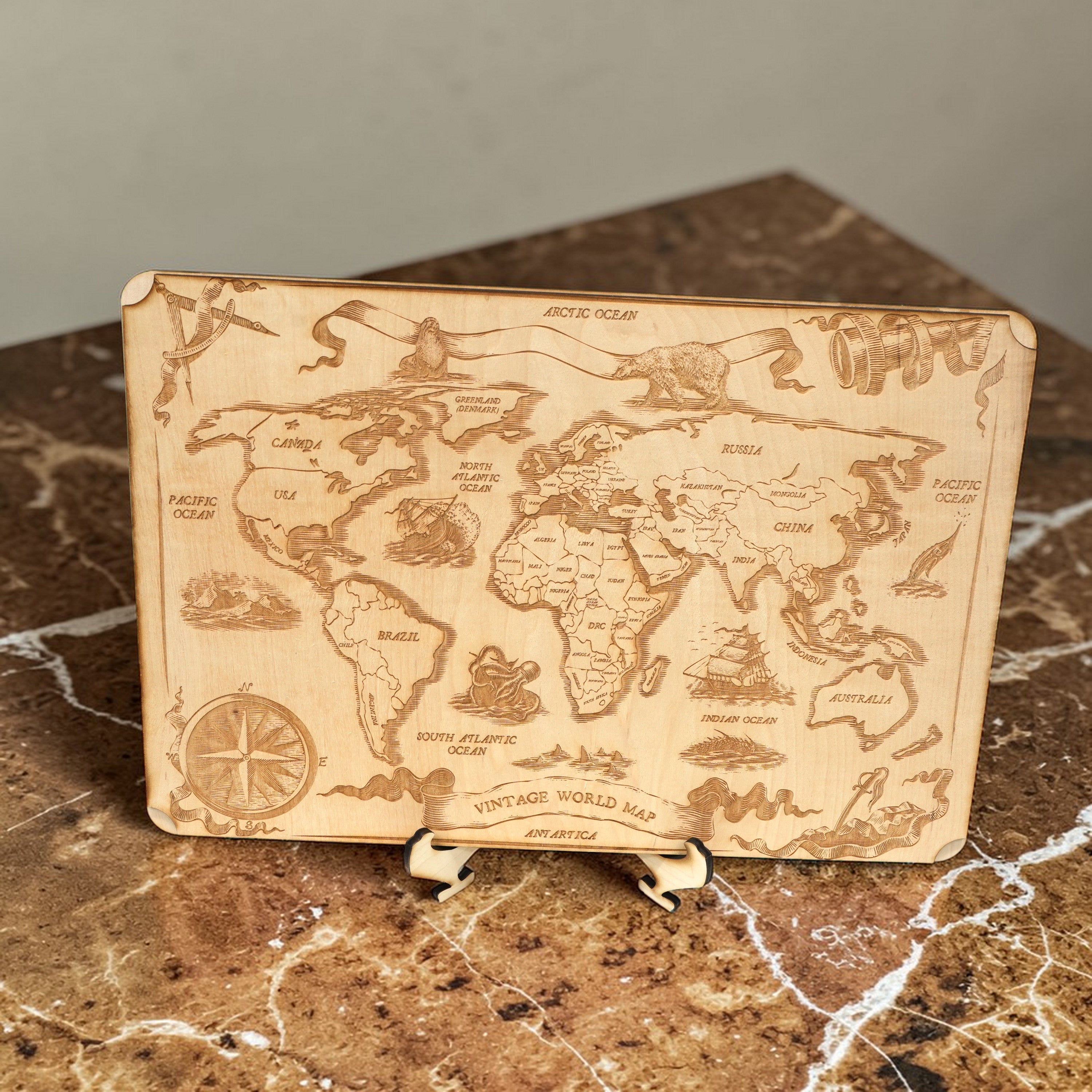 Vintage World Map - Art - Raw Wood 18x12 Inches - With Stand