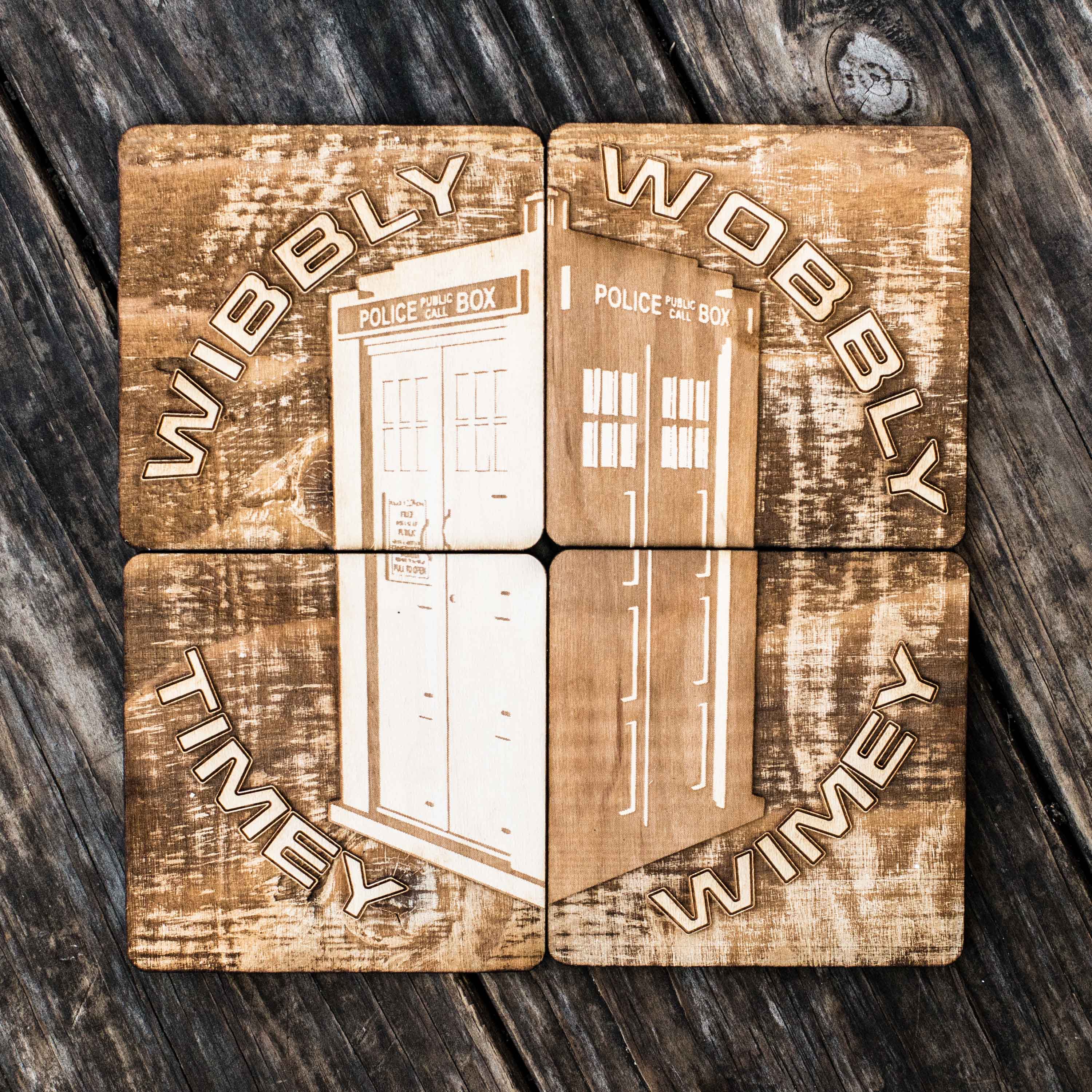 Wibbly Wobbly Timey Wimey Wood Coaster Set of 4 4x4in Raw Wood