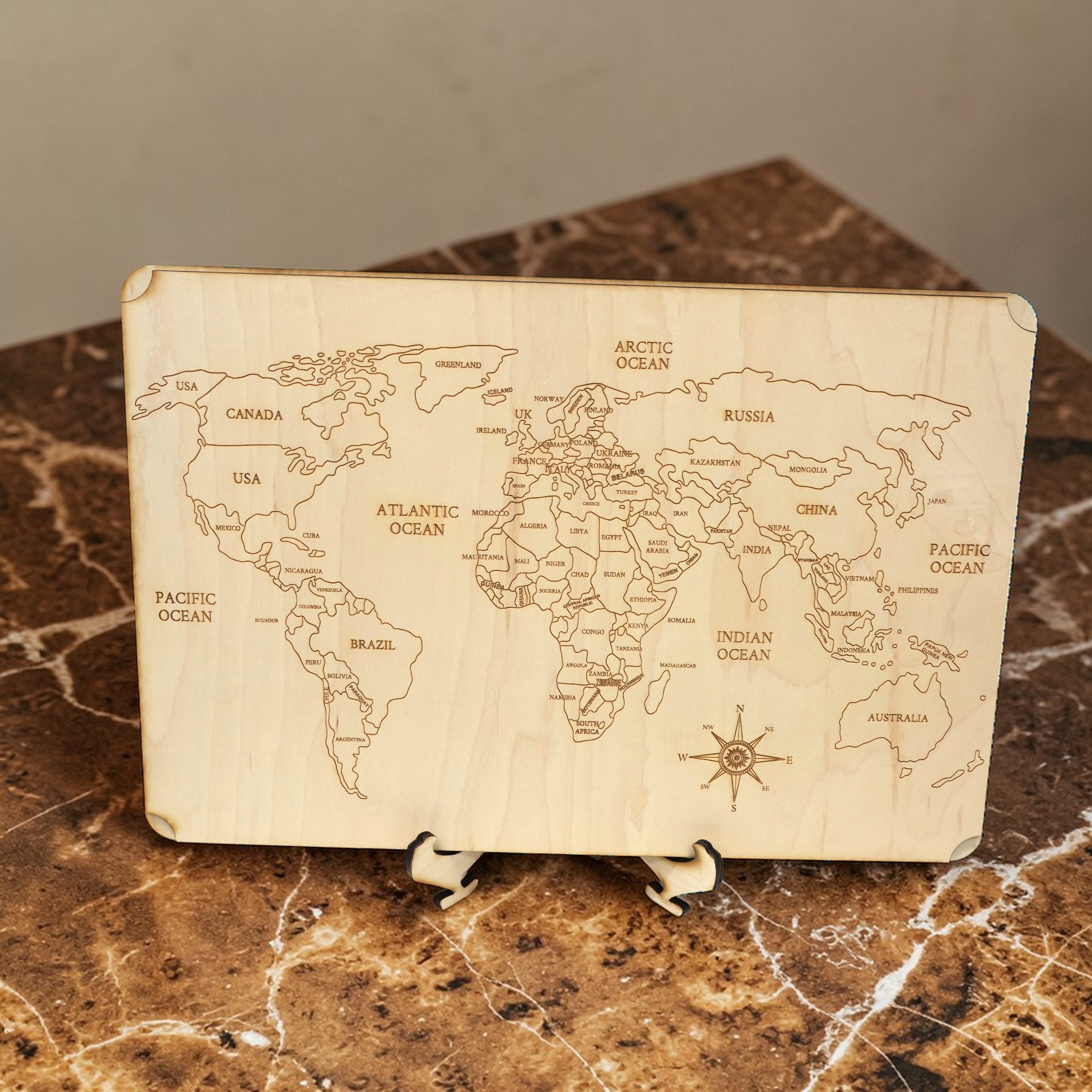 World Map - Art - Raw Wood 18x12 Inches - With Stand