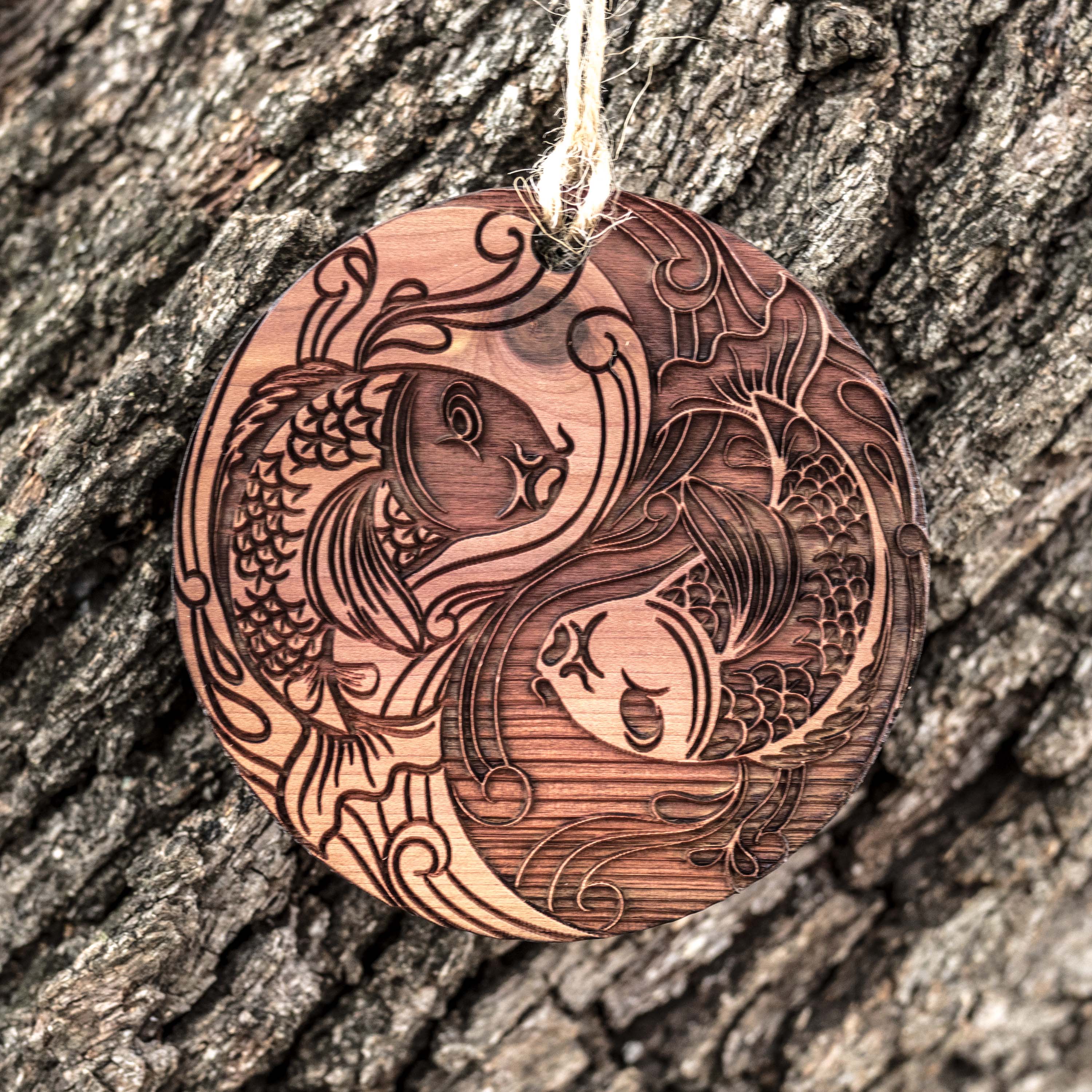 Yin Yang Koi Fish - Raw Cedar Ornament 3x3in