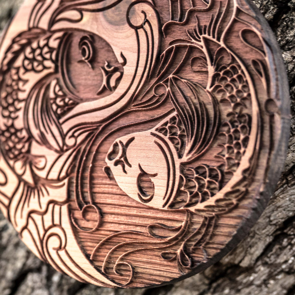 Yin Yang Koi Fish - Raw Cedar Ornament 3x3in