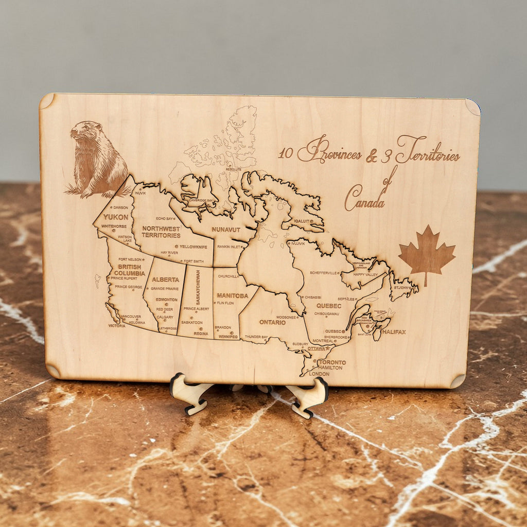 Canada Map - Puzzle Map - Art Kit - Raw Wood 18x12 Inches - 18 pieces - With Stand
