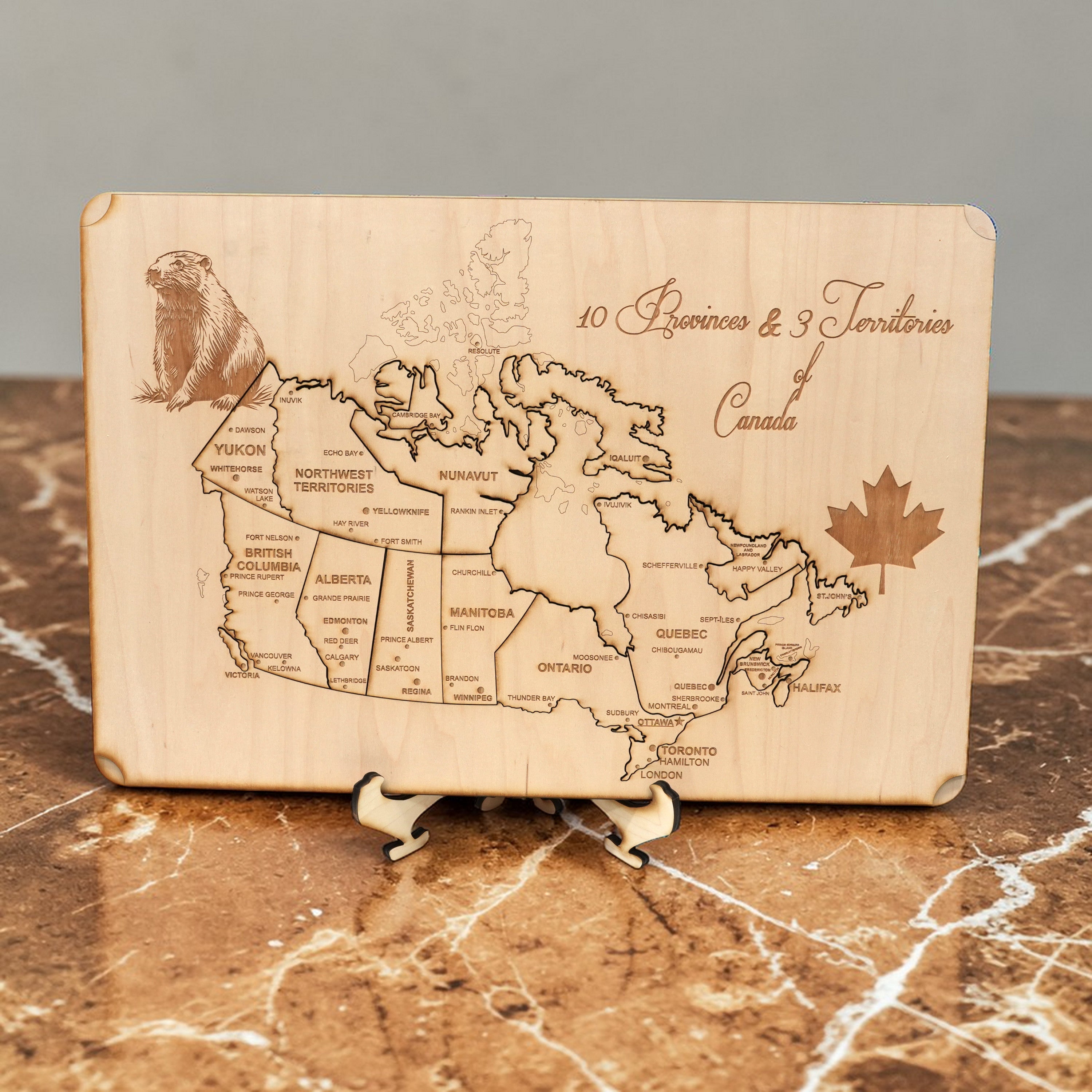 Canada Map - Puzzle Map - Art Kit - Raw Wood 18x12 Inches - 18 pieces - With Stand
