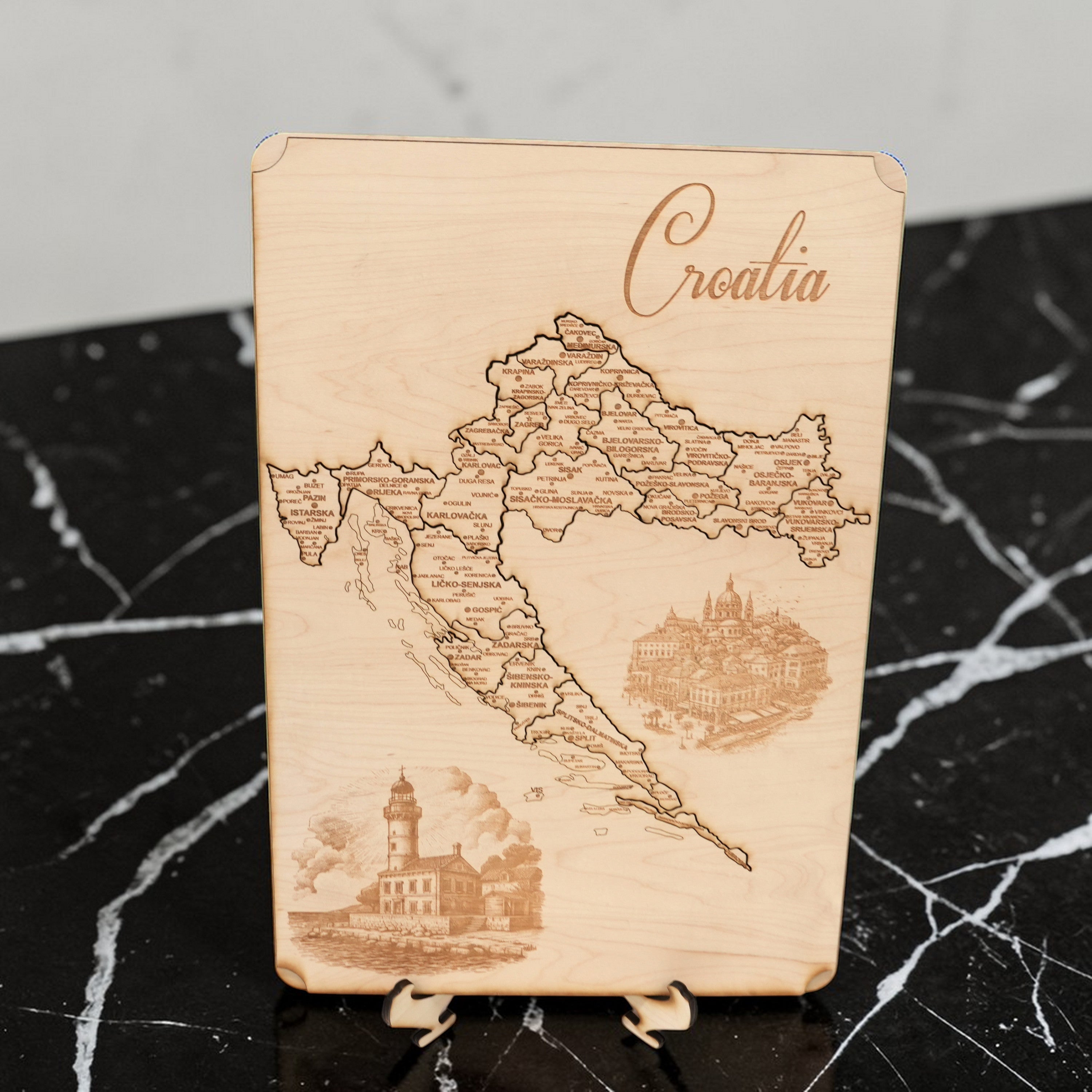 Croatia Puzzle Map - Art Kit - Raw Wood 12x18 Inches - 23 Pieces - With Stand