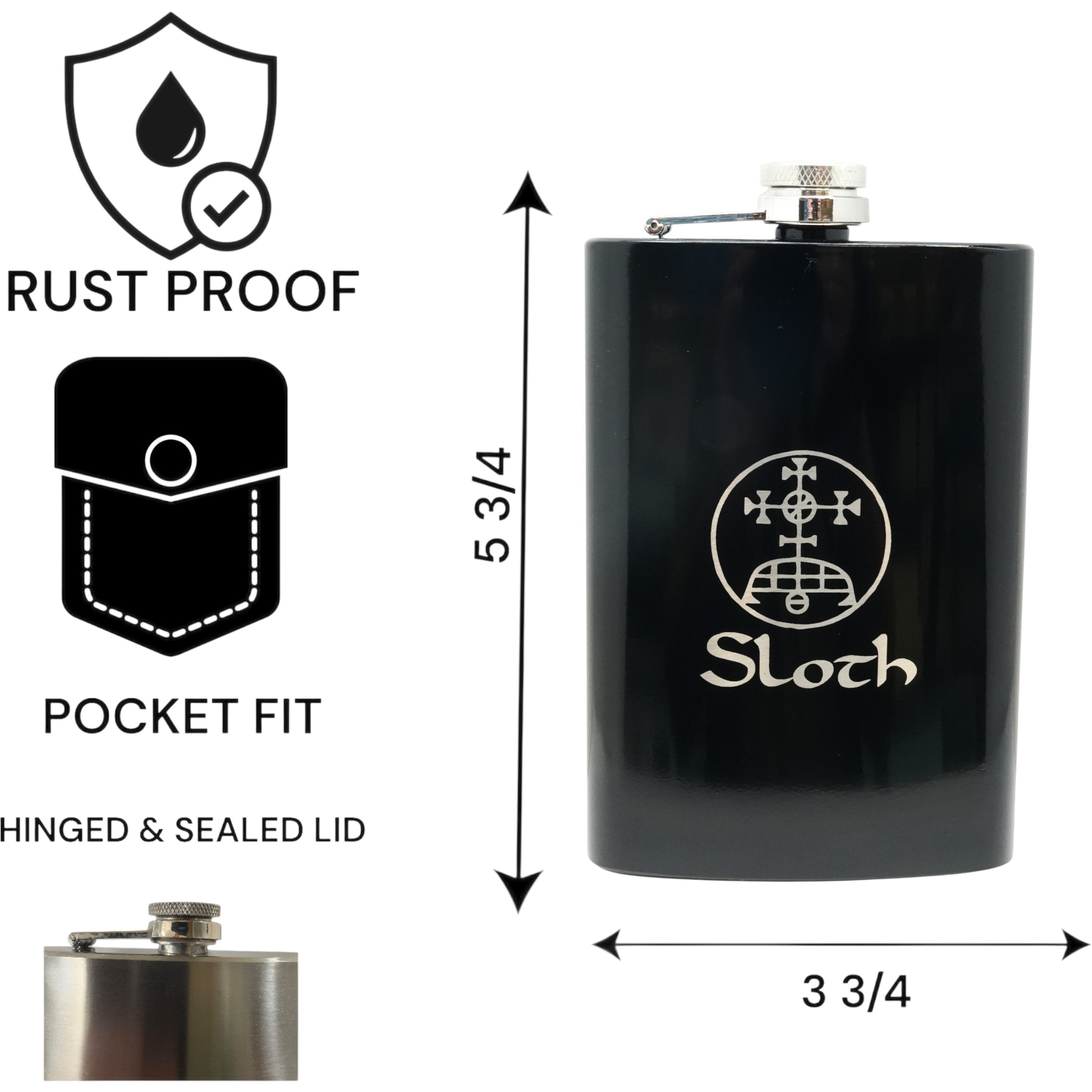 8oz BLACK Seven Deadly Sins SLOTH Flask