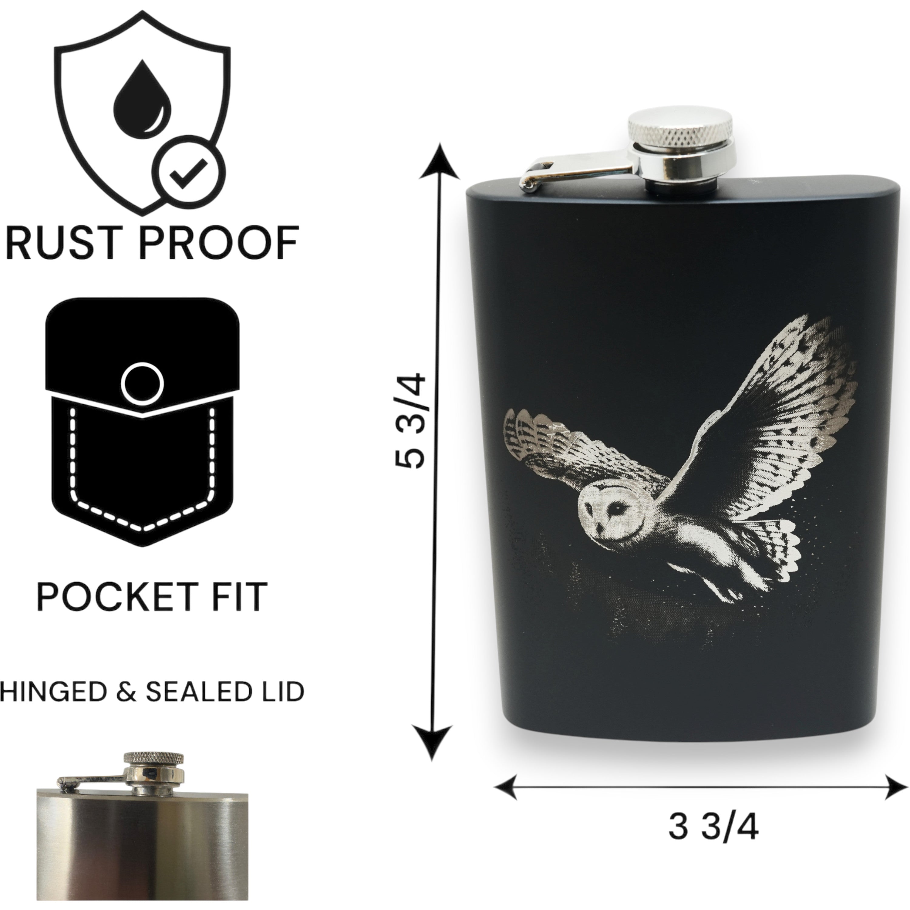 8oz Black - Flying Barn Owl - Black Flask