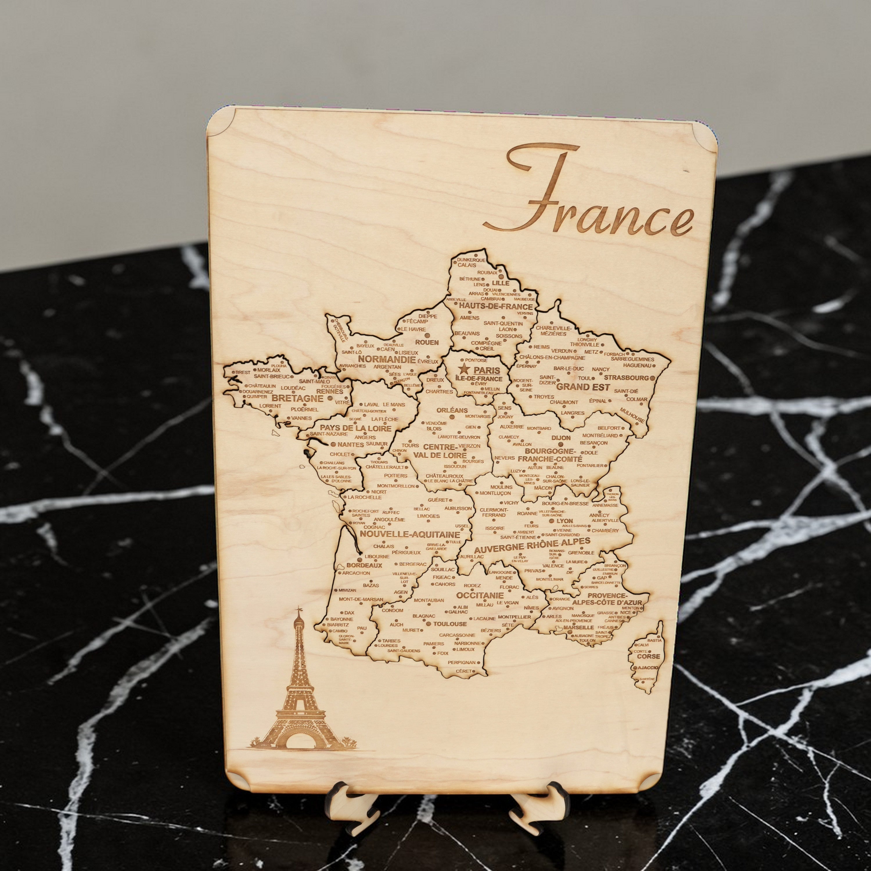 France Puzzle Map - Art Kit - Raw Wood 12x18 Inches - 14 Pieces - With Stand