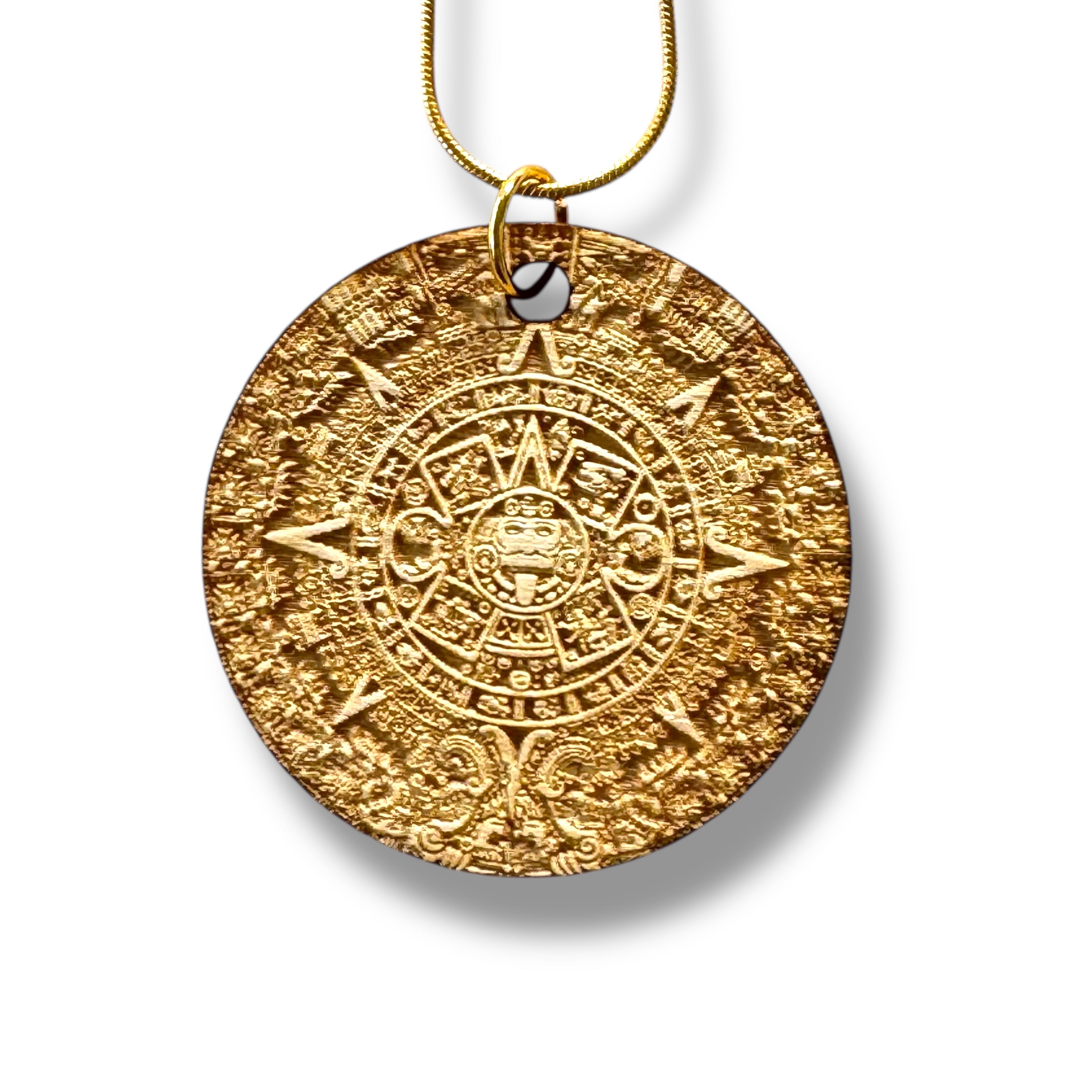 Necklace - Mayan Calendar with Bronze, Silver, or Gold chain - Birch Wood