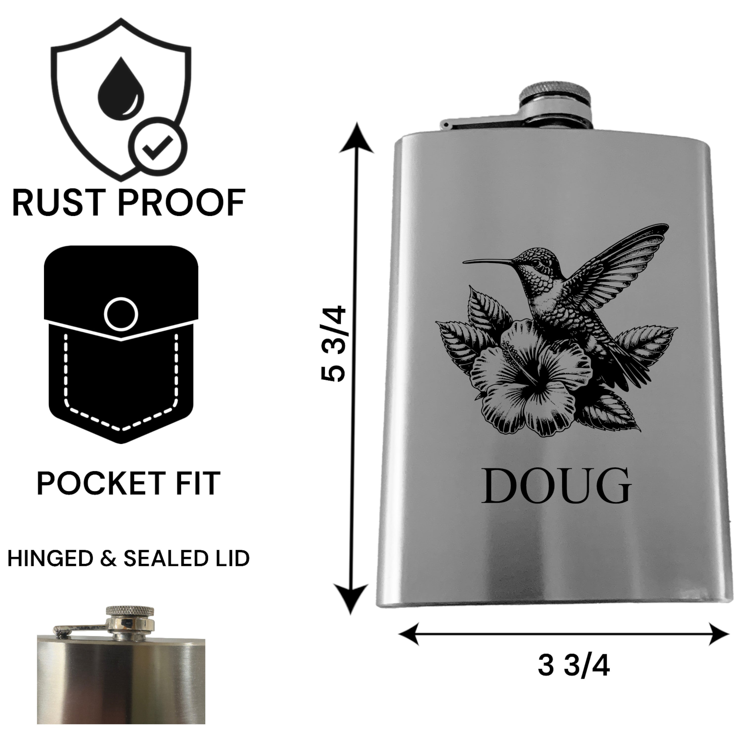 8oz Flask - Hummingbird - PERSONALIZED - Stainless Steel