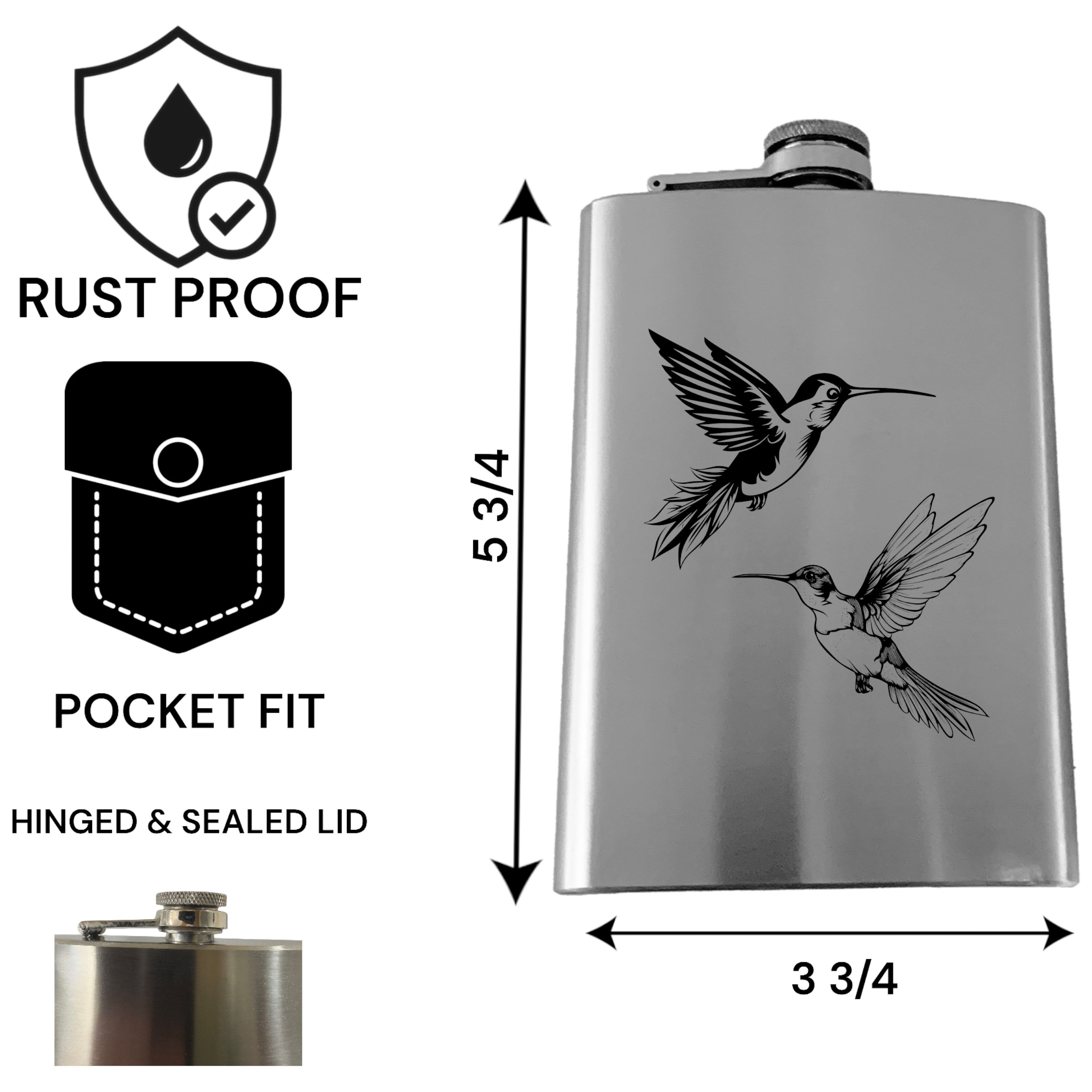 8oz Flask - Hummingbird - Stainless Steel