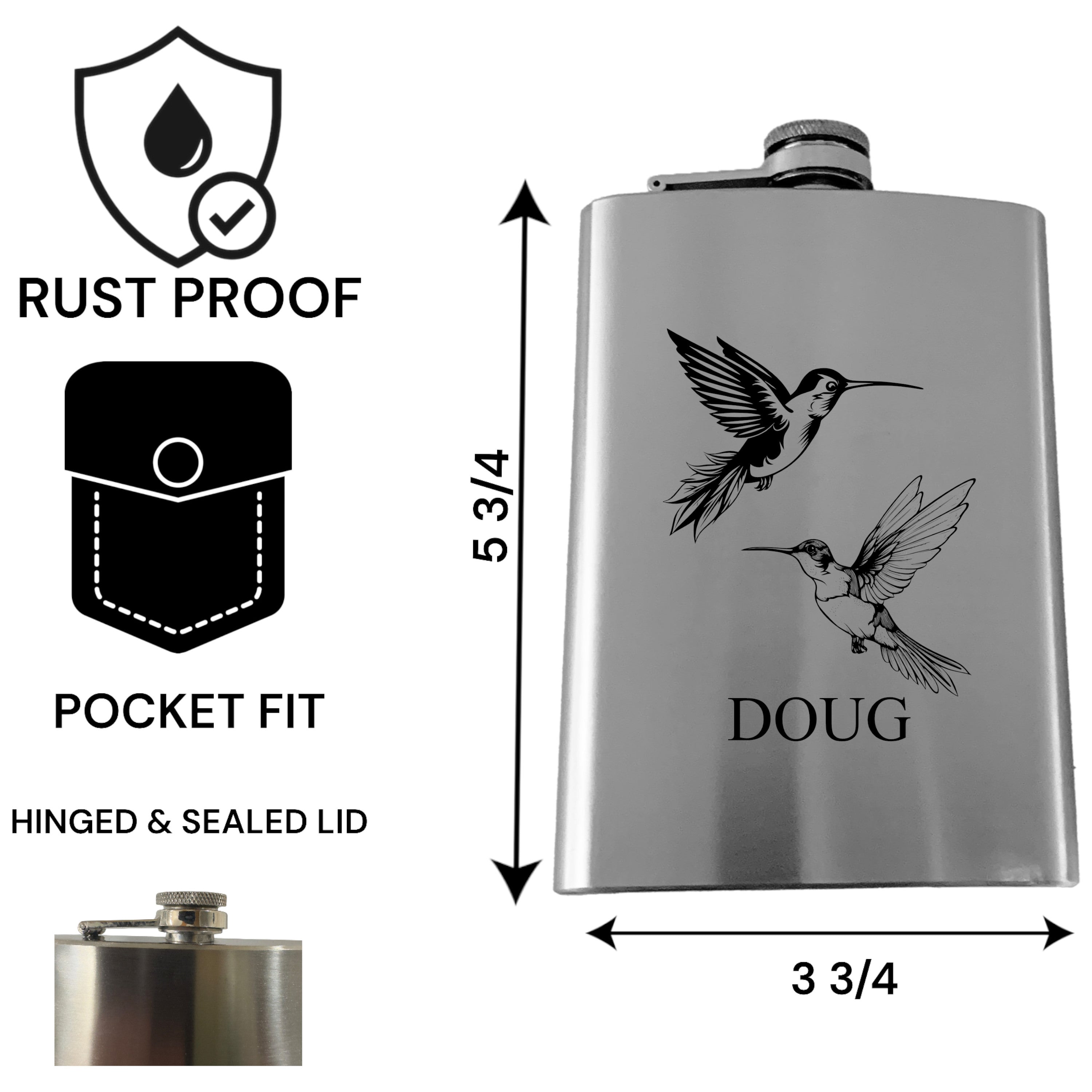 8oz Flask - Hummingbird - PERSONALIZED - Stainless Steel