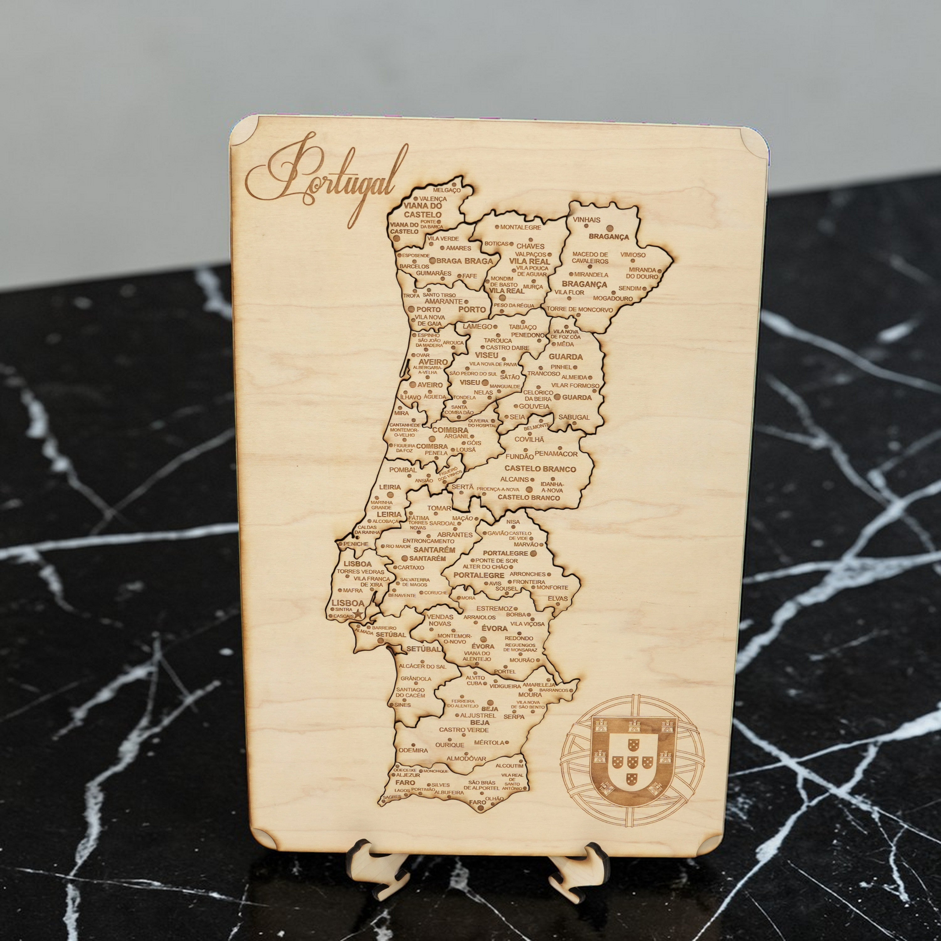 Portugal Puzzle Map - Art Kit - Raw Wood 12x18 Inches - 19 Pieces - With Stand