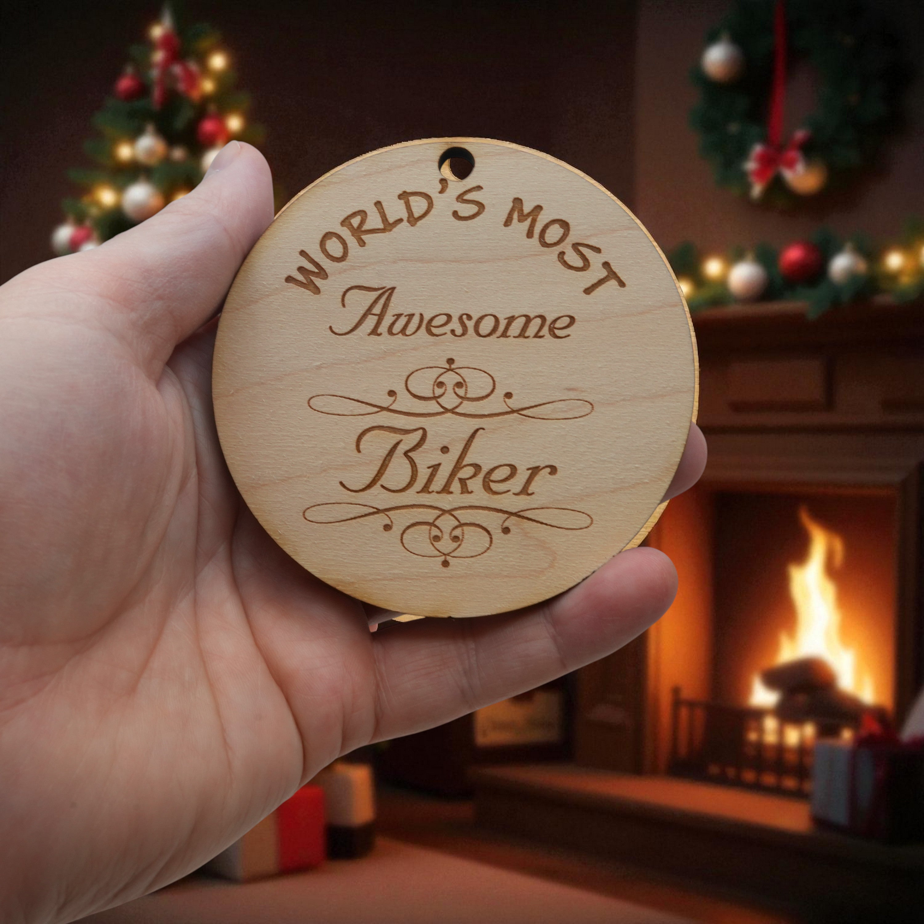 Worlds most Awesome Biker - Ornament - Raw Wood