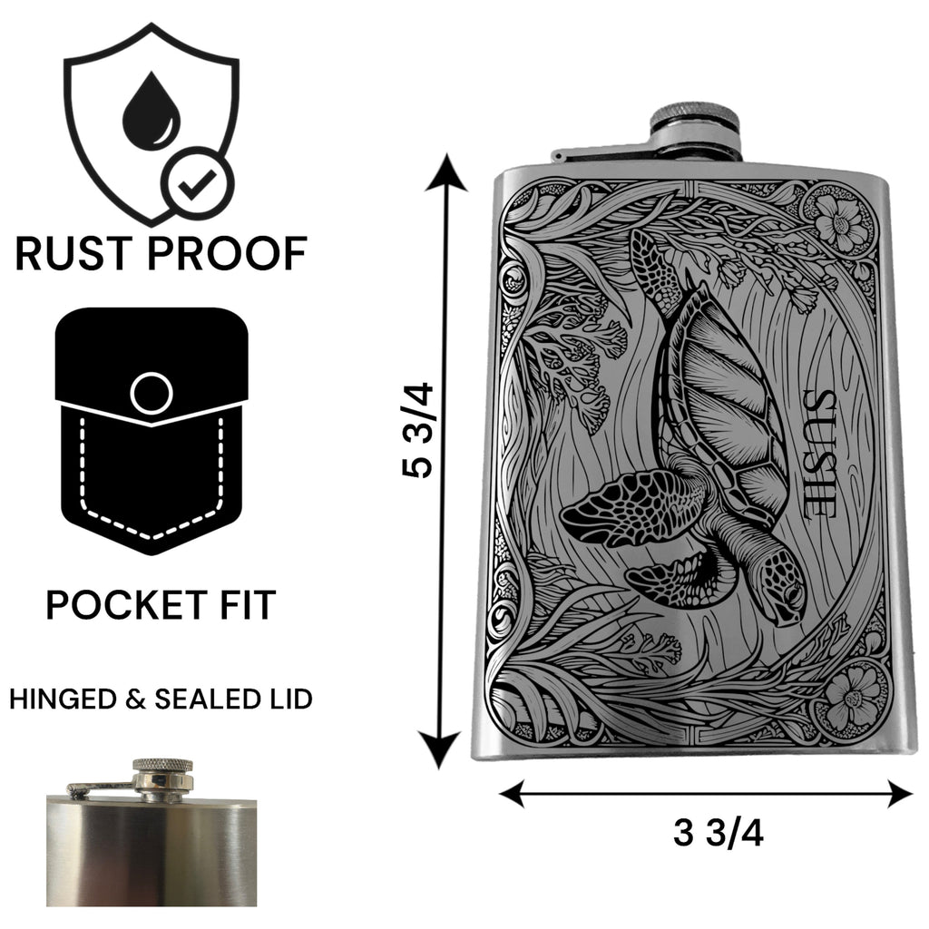 8oz Flask - Sea Turtle - PERSONALIZED - Stainless Steel