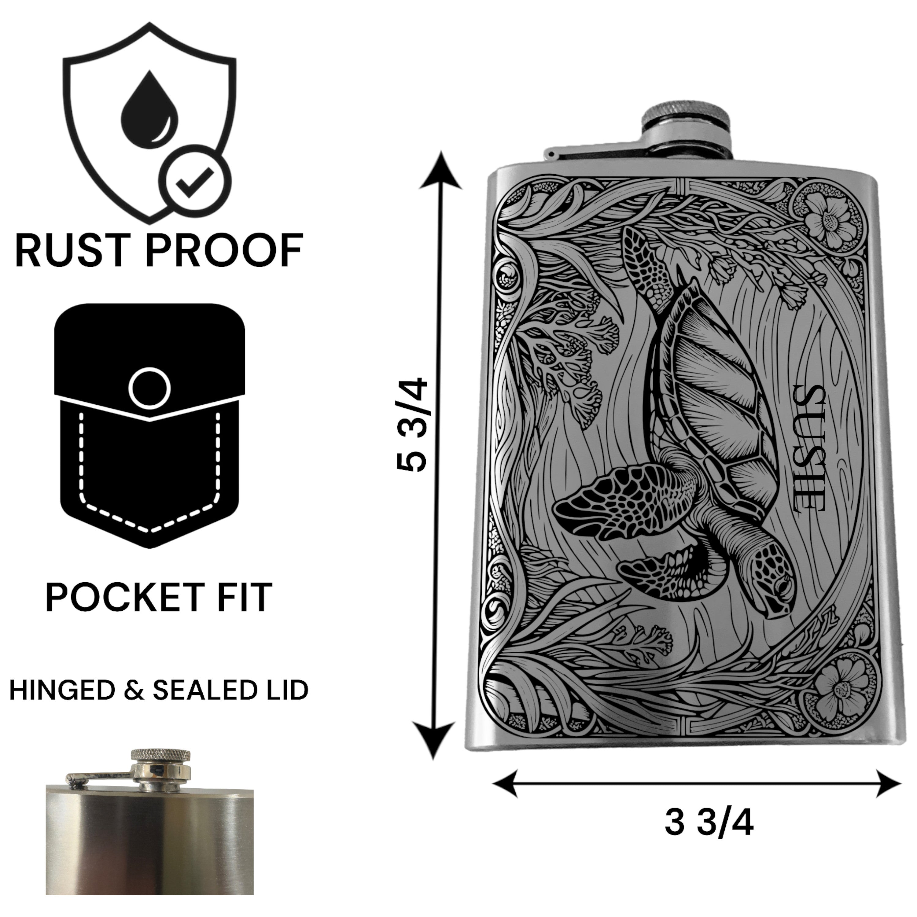 8oz Flask - Sea Turtle - PERSONALIZED - Stainless Steel
