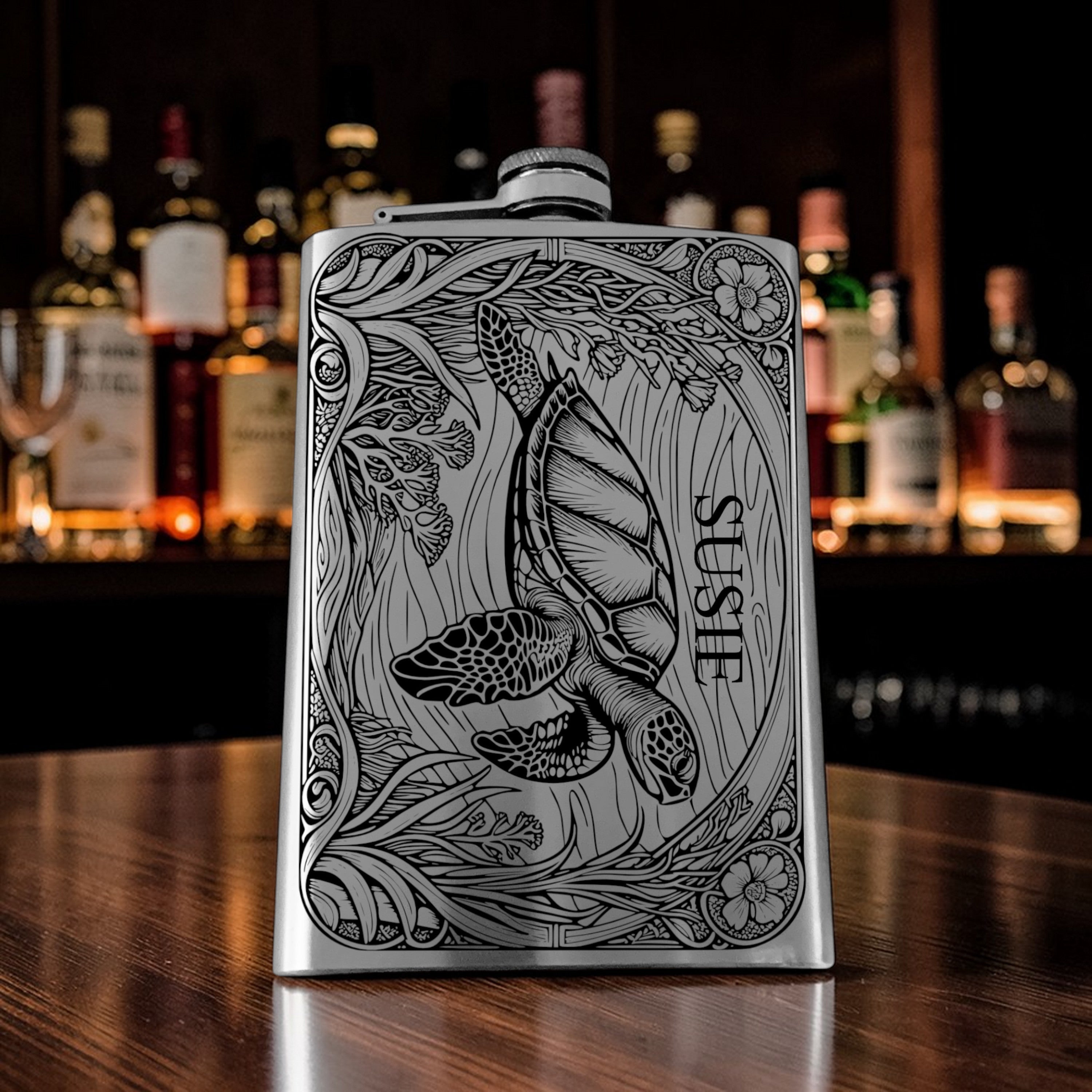 8oz Flask - Sea Turtle - PERSONALIZED - Stainless Steel