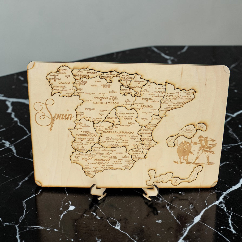 Spain Puzzle Map - Art Kit - Raw Wood 12x18 Inches - 18 Pieces - With Stand