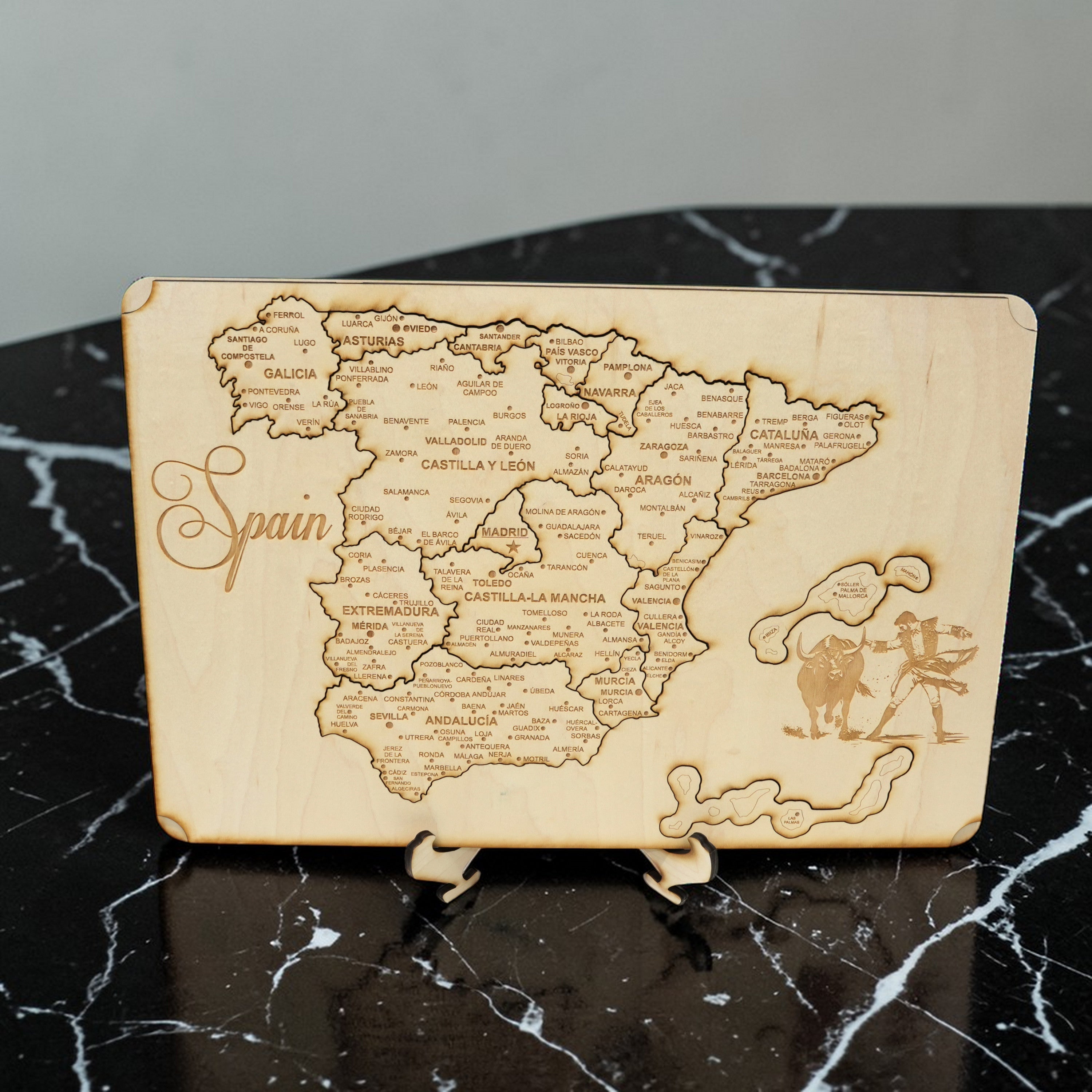 Spain Puzzle Map - Art Kit - Raw Wood 12x18 Inches - 18 Pieces - With Stand