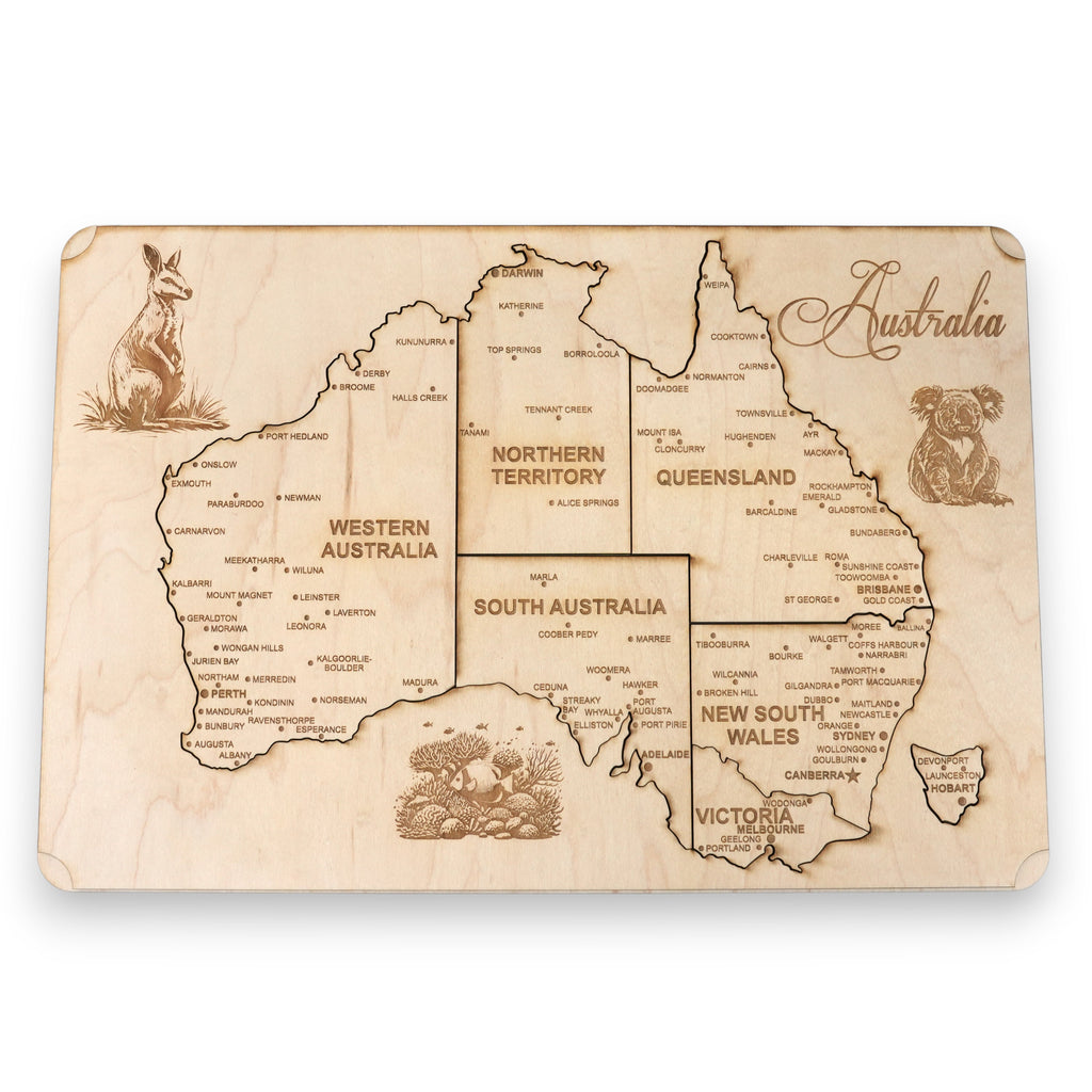 Australia Puzzle Map - Art Kit - Raw Wood 12x18 - 8 Pieces - With Stand