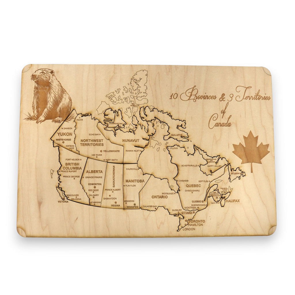 Canada Map - Puzzle Map - Art Kit - Raw Wood 18x12 Inches - 18 pieces - With Stand