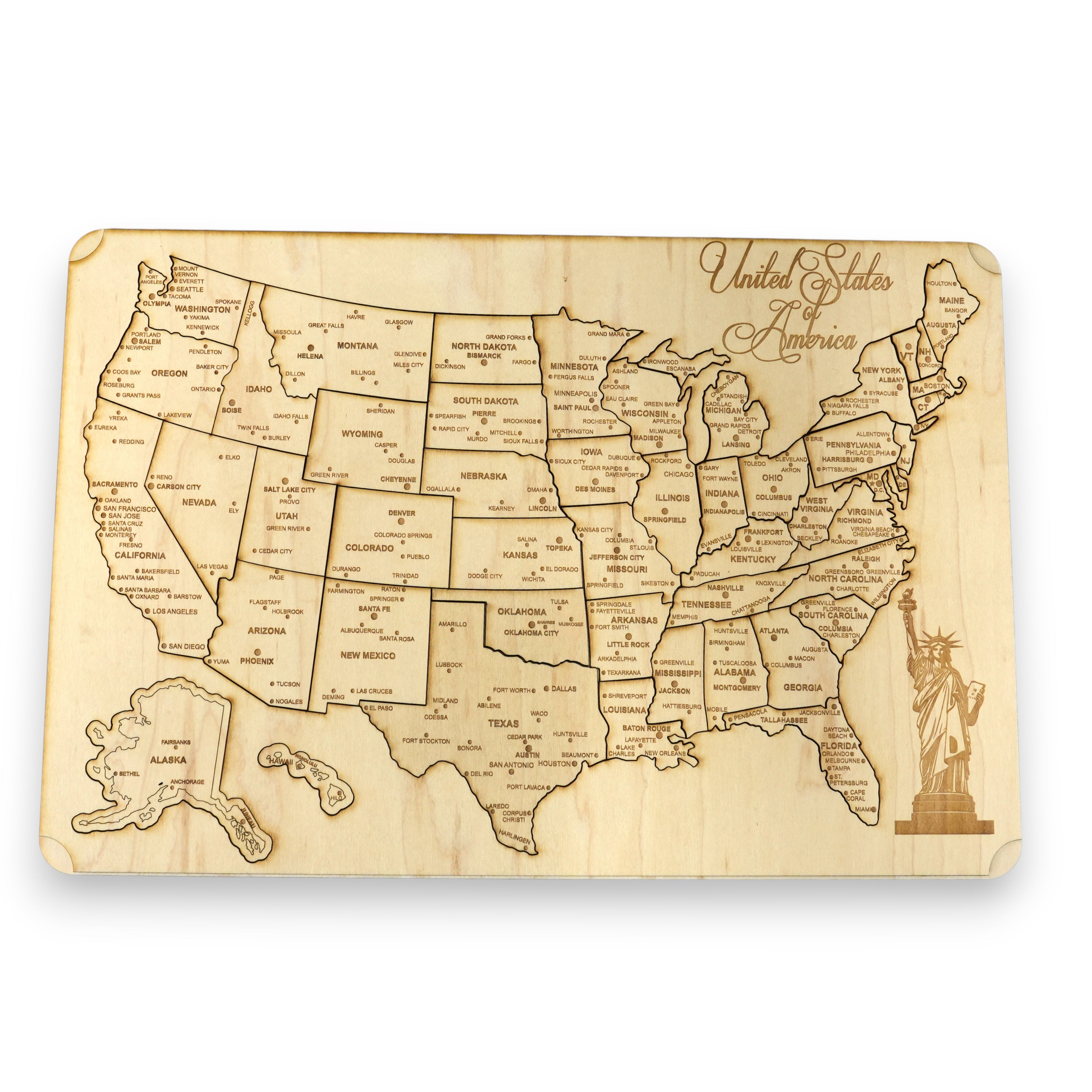 50 State WITH CITIES American Puzzle Map Liberty - Wood 12x18 Inches - 51 Pieces - With Stand