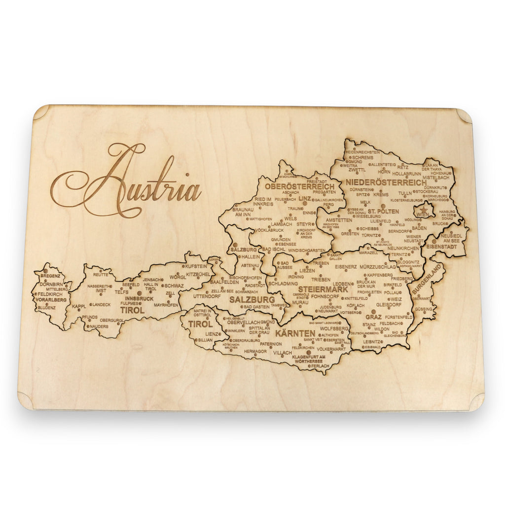 Austria Puzzle Map - Art Kit - Raw Wood 12x18 Inches - 11 Pieces - With Stand