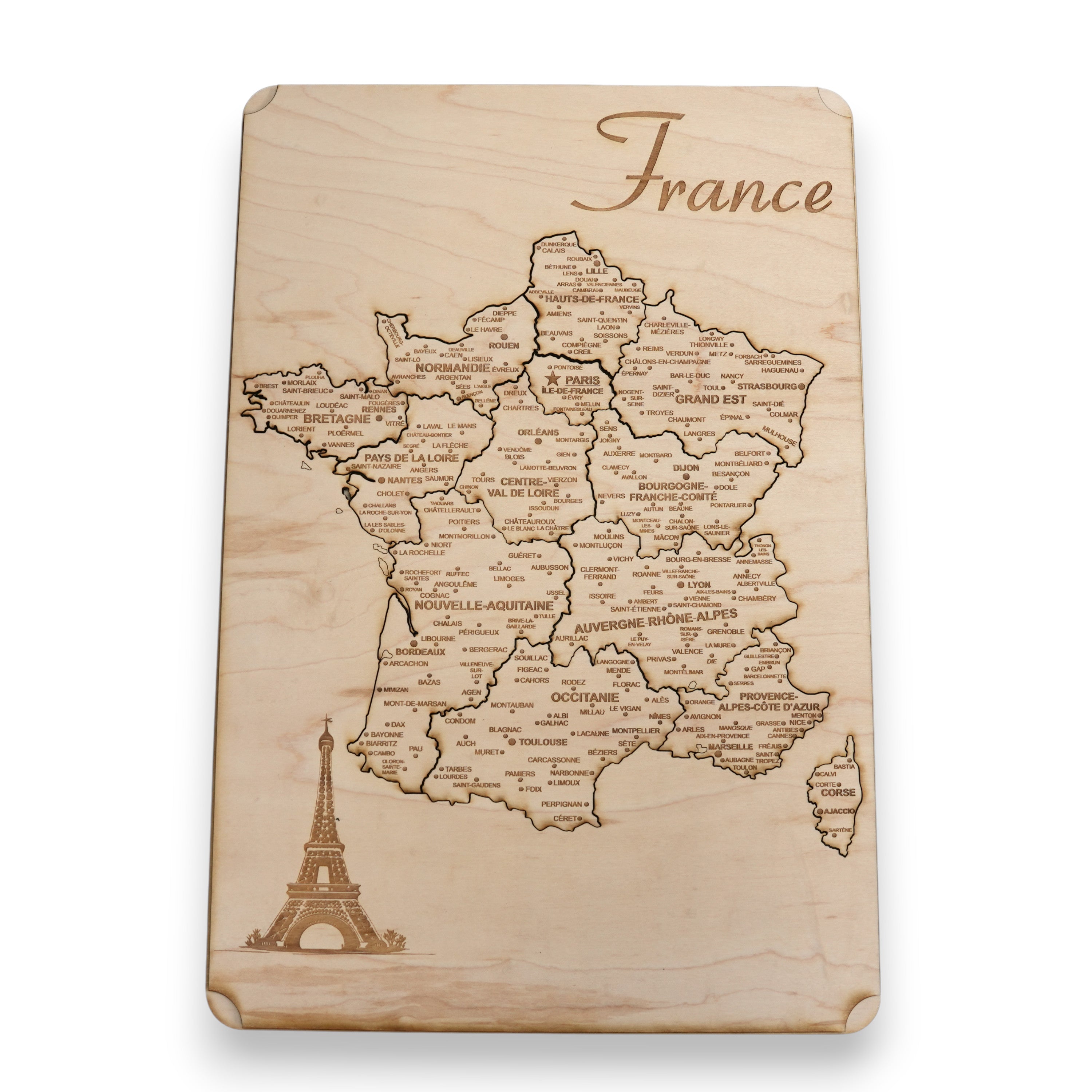 France Puzzle Map - Art Kit - Raw Wood 12x18 Inches - 14 Pieces - With Stand