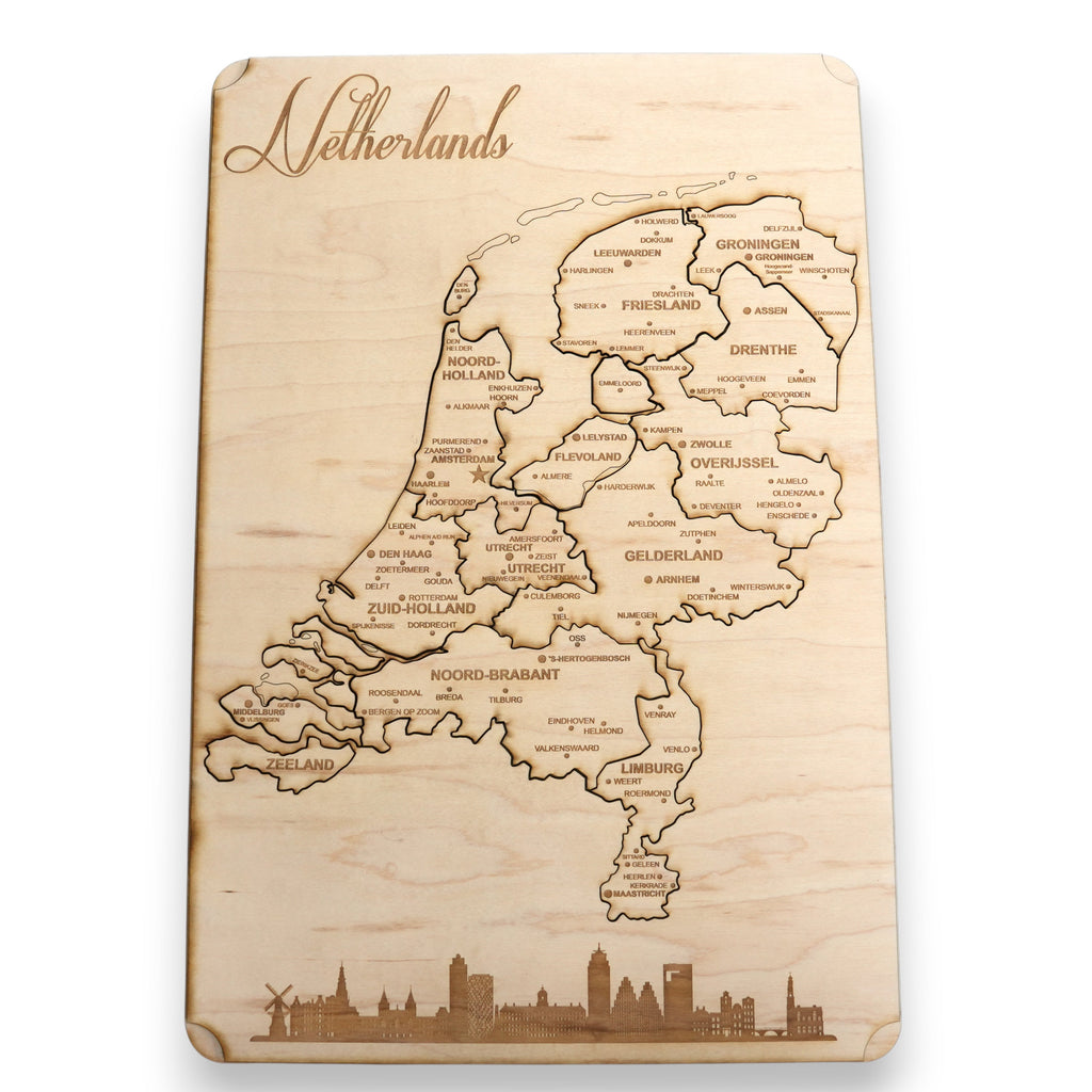 Netherlands Puzzle Map - Art Kit - Raw Wood 12x18 Inches - 18 Pieces - With Stand